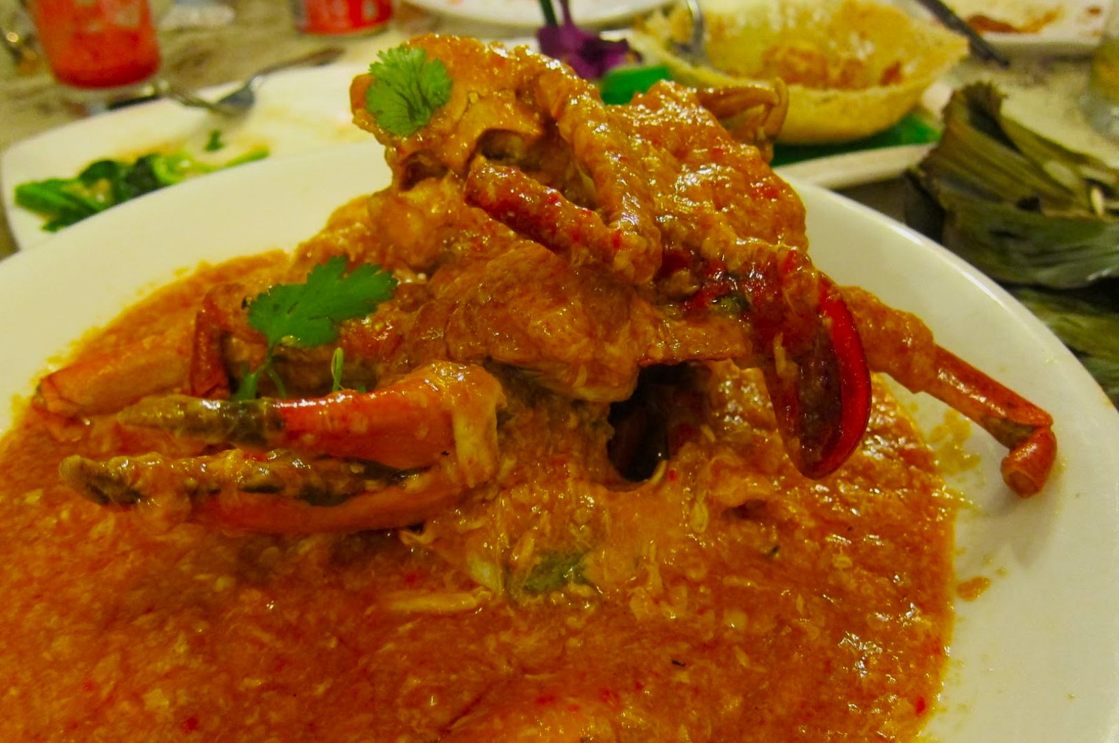 A savory plate of chili crab is shown, with a vibrant orange sauce coating the crab. Garnished with cilantro, it conveys a spicy, appetizing aroma.