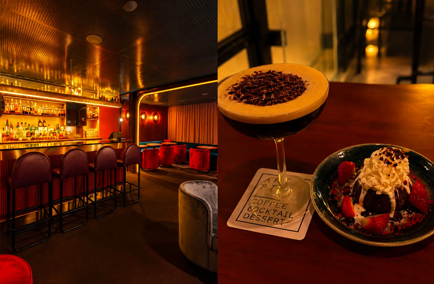 Warmly lit cocktail bar with espresso cocktail and dessert
