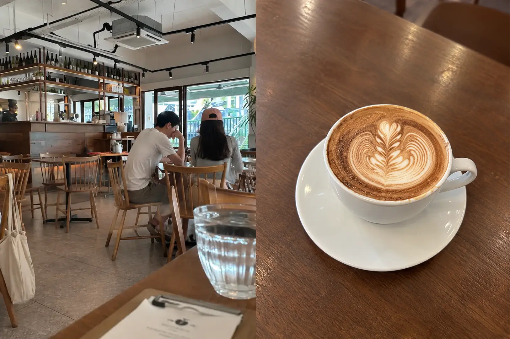 Cozy coffee shop interior with a hot mocha featuring detailed latte art.