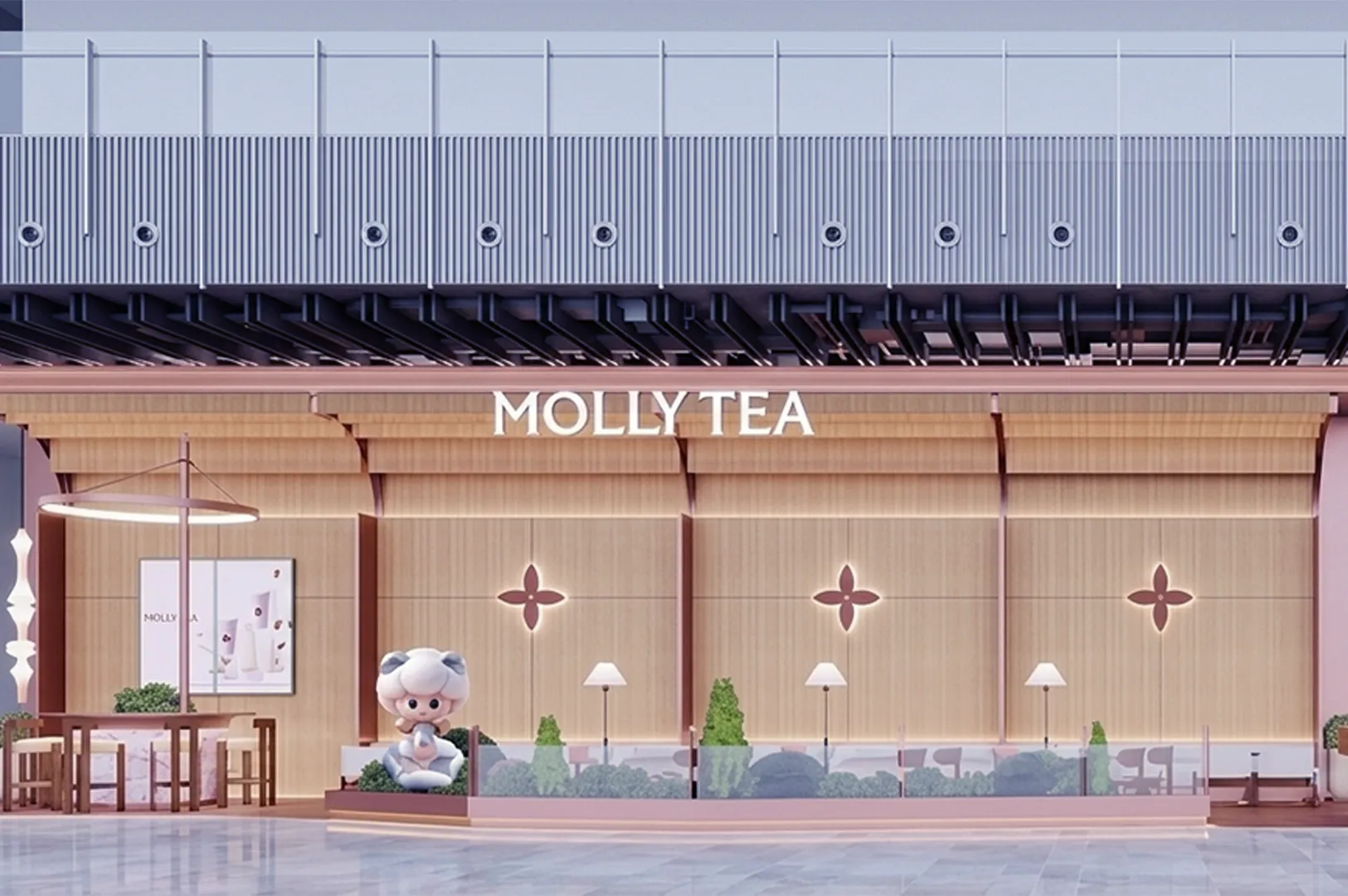Modern tea shop exterior with "Molly Tea" sign, featuring a cute teddy bear statue, decorative plants, and cozy ambient lighting, evoking a welcoming atmosphere.
