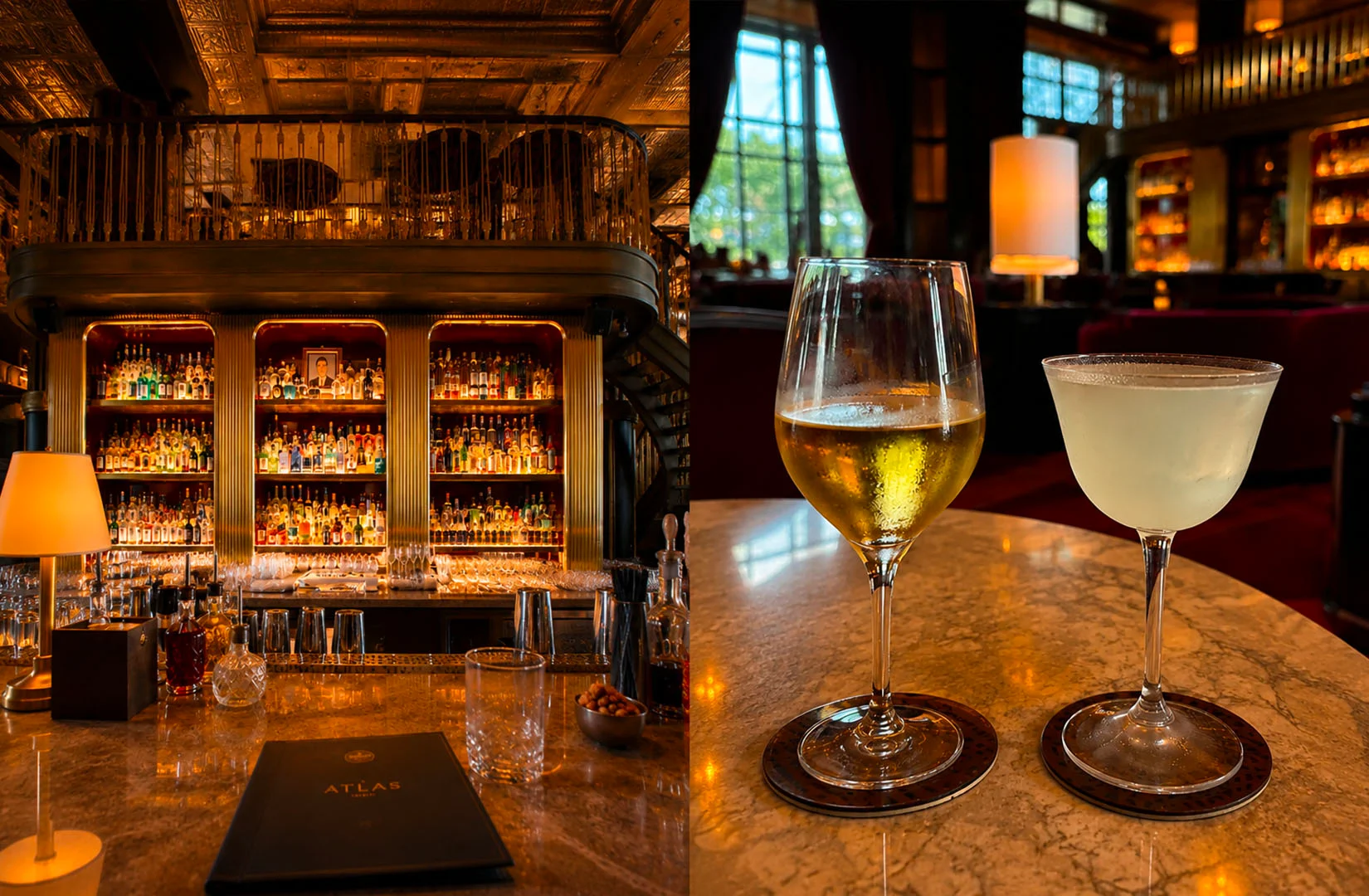 Grand Art Deco bar interior with cocktails on marble table