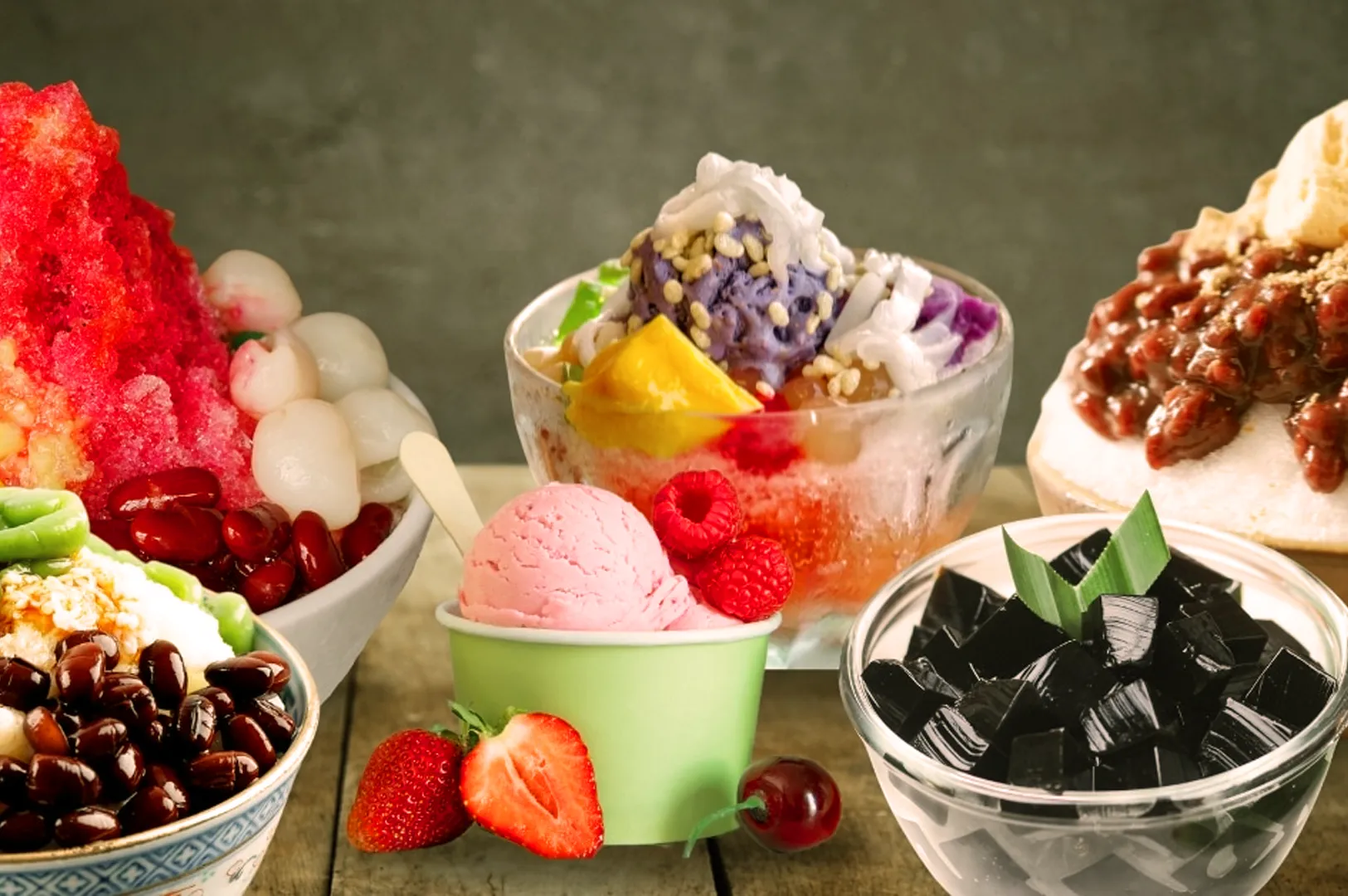 A variety of colorful desserts displayed on a wooden table. Includes bowls of shaved ice, ice cream, fruits, jelly, and beans, with a refreshing, delightful vibe.