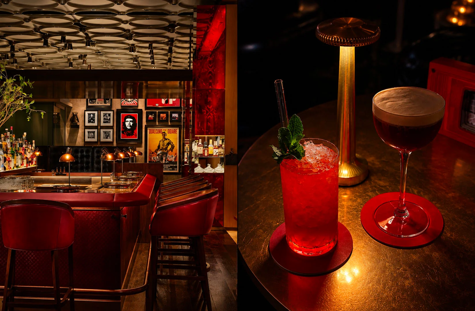 Red-toned cocktail bar with two signature drinks