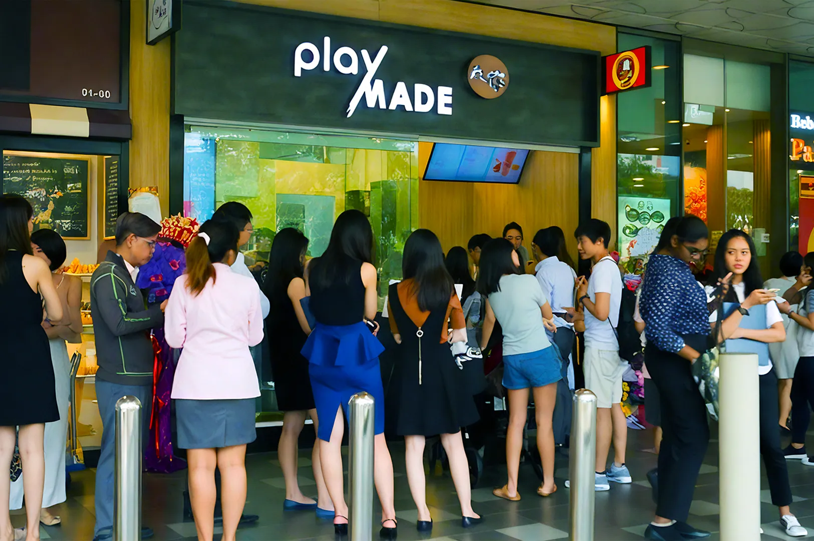 A large group of people waits in line outside a shop called "Playmade" in a mall. The crowd appears eager, creating a lively and busy atmosphere.