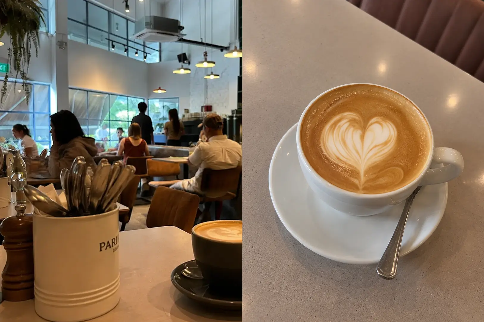 Bright café interior with customers enjoying coffee and heart latte art.
