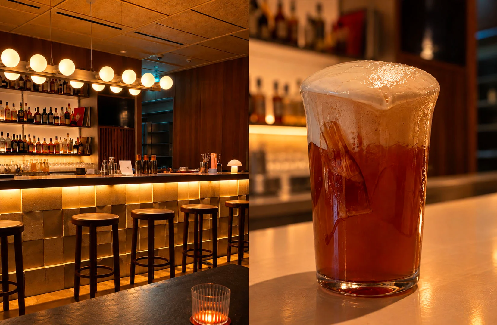Modern warm-lit bar with tall foamy cocktail