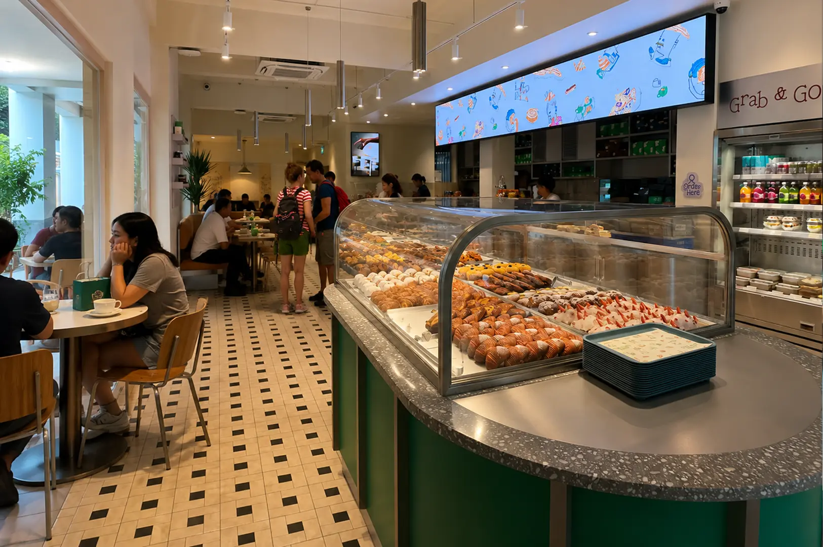 Modern bakery cafe with glass pastry display case filled with croissants and baked goods, terrazzo countertop, black and white checkered floor tiles, customers dining and ordering, digital menu board