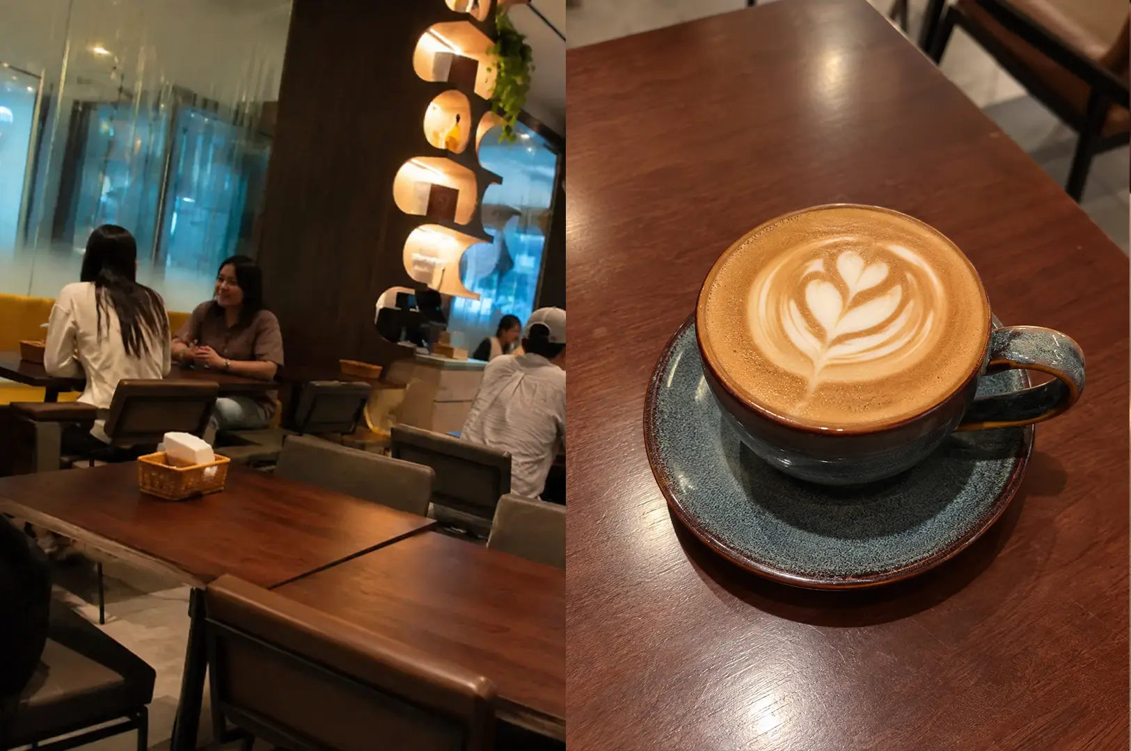 Warm café seating area with a handcrafted latte in a ceramic cup.