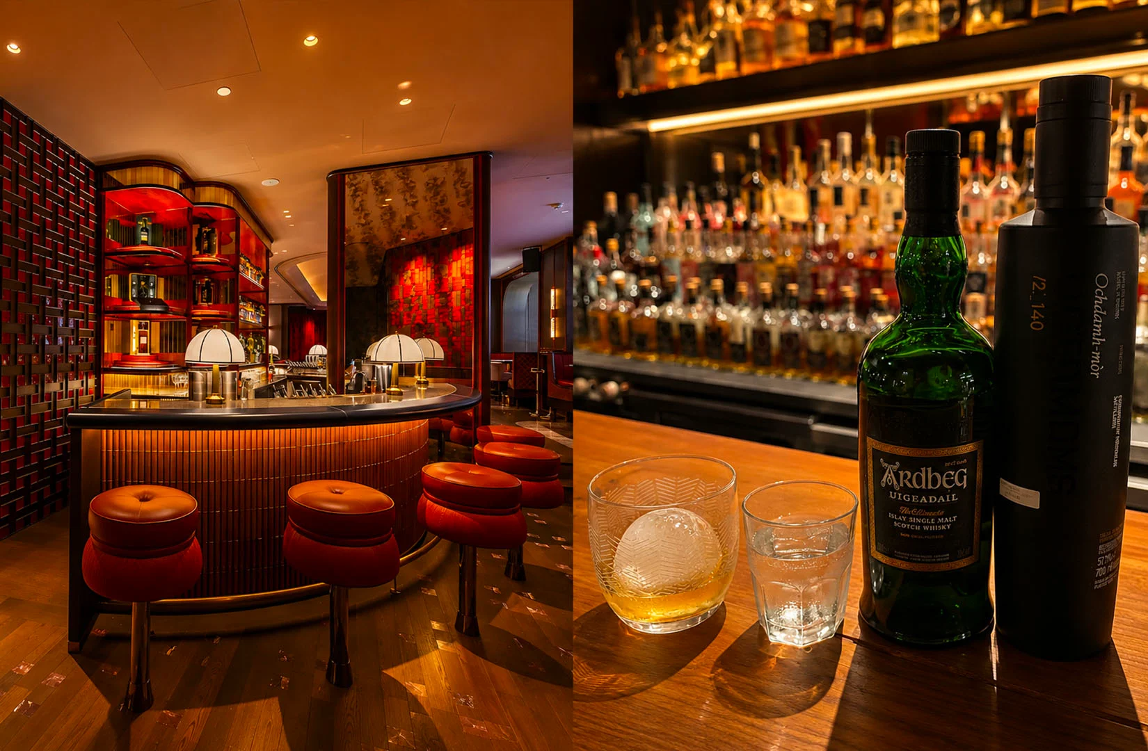 Elegant whisky bar with bottles and tasting glasses