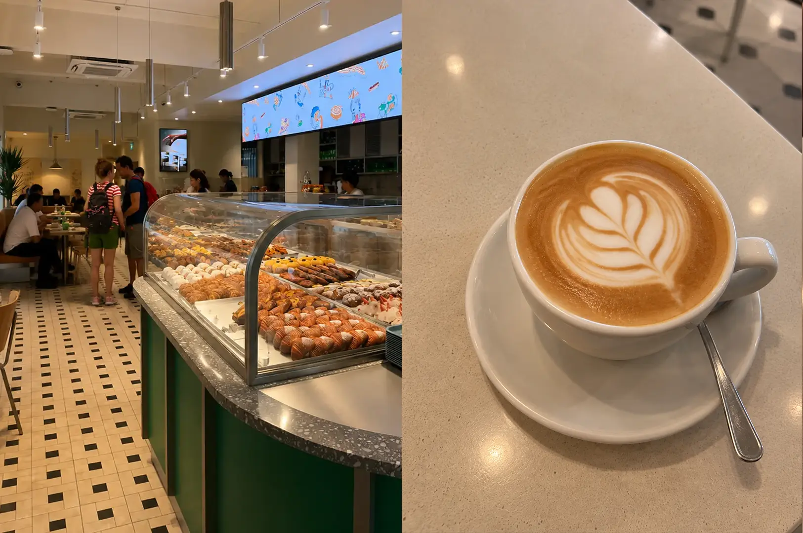 Bakery café display with pastries and a smooth latte topped with latte art.