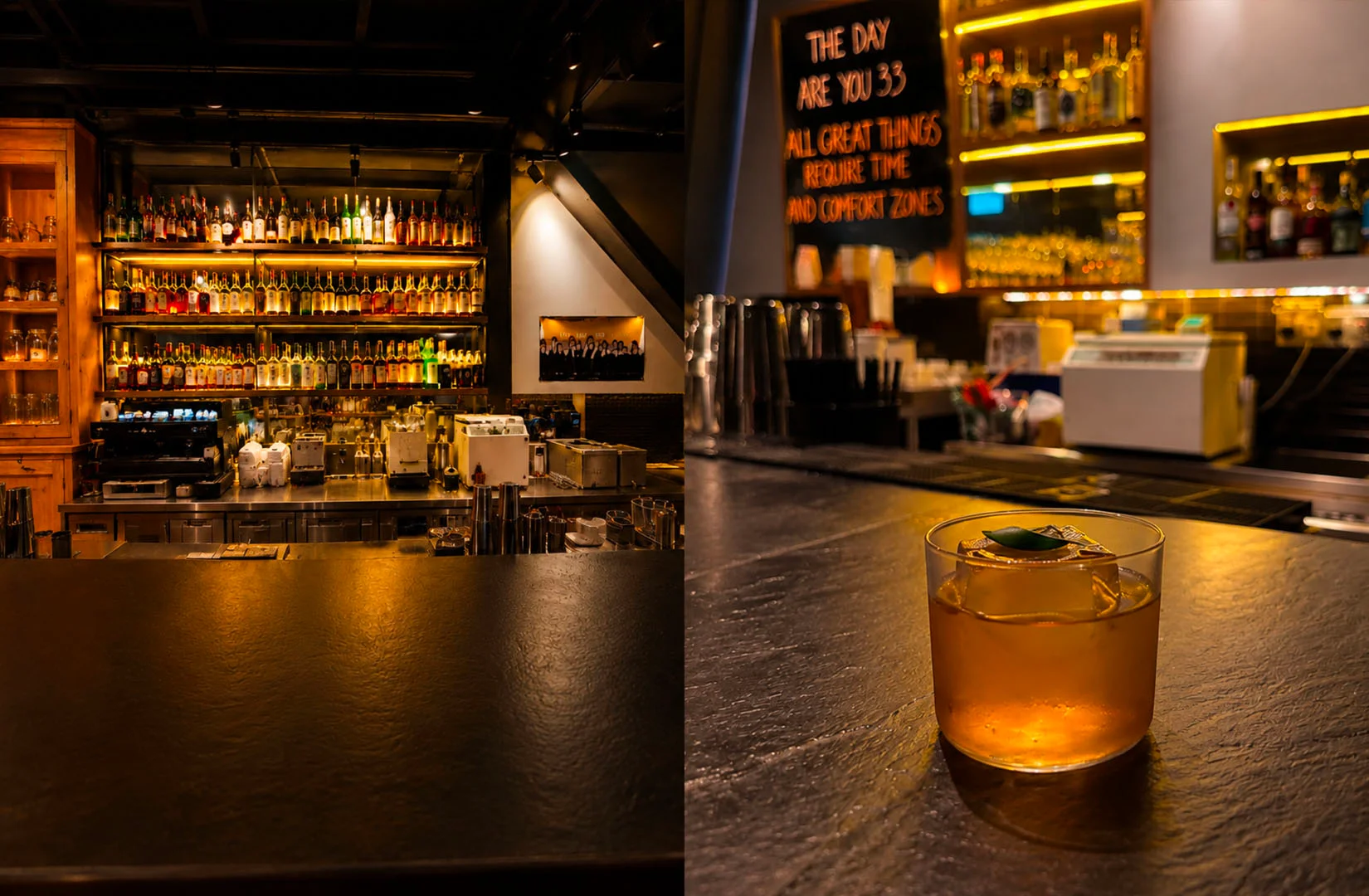 Dark intimate bar with amber cocktail on counter