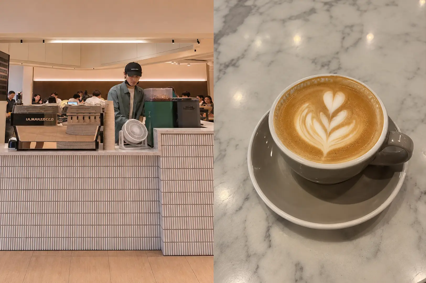 Minimalist coffee bar serving a creamy latte with elegant tulip latte art.