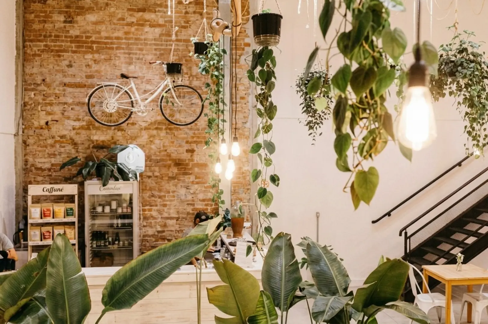Industrial cafe interior with white bicycle mounted on exposed brick wall, hanging plants, and pendant lights