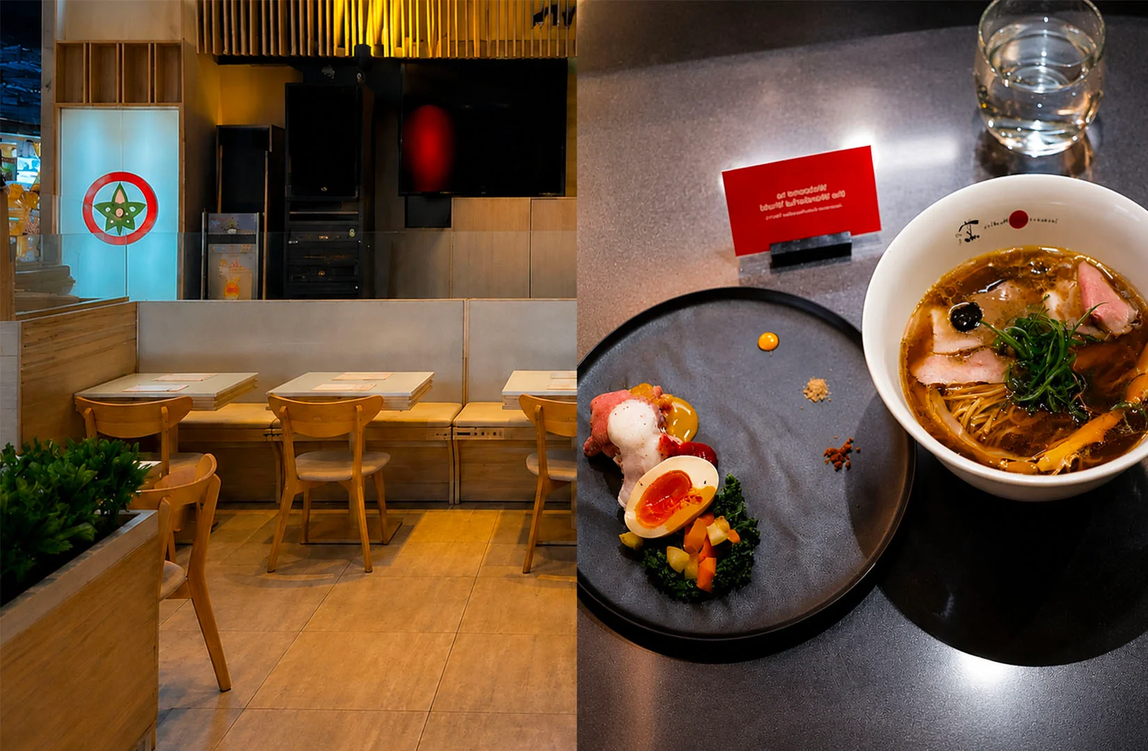 Modern Japanese ramen restaurant with elegant interior and premium ramen set served on a dark table.