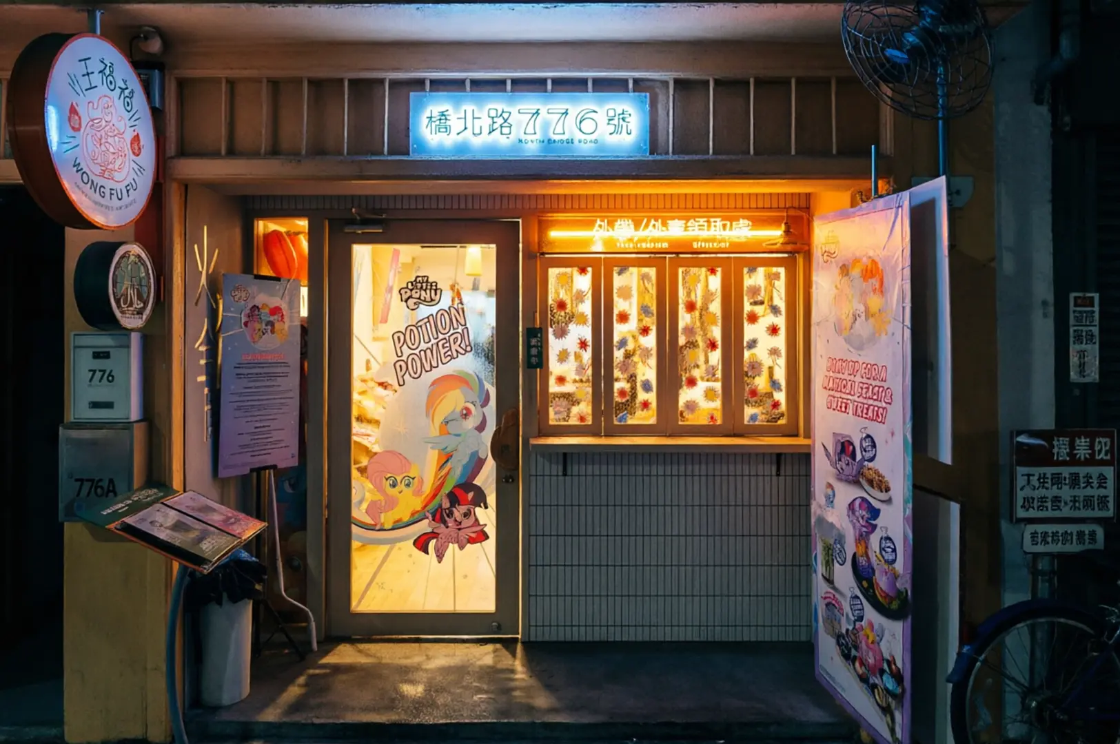 My Little Pony themed cafe Wong Fu Fu storefront at night with "Potion Power" door decal and illuminated address 776.
