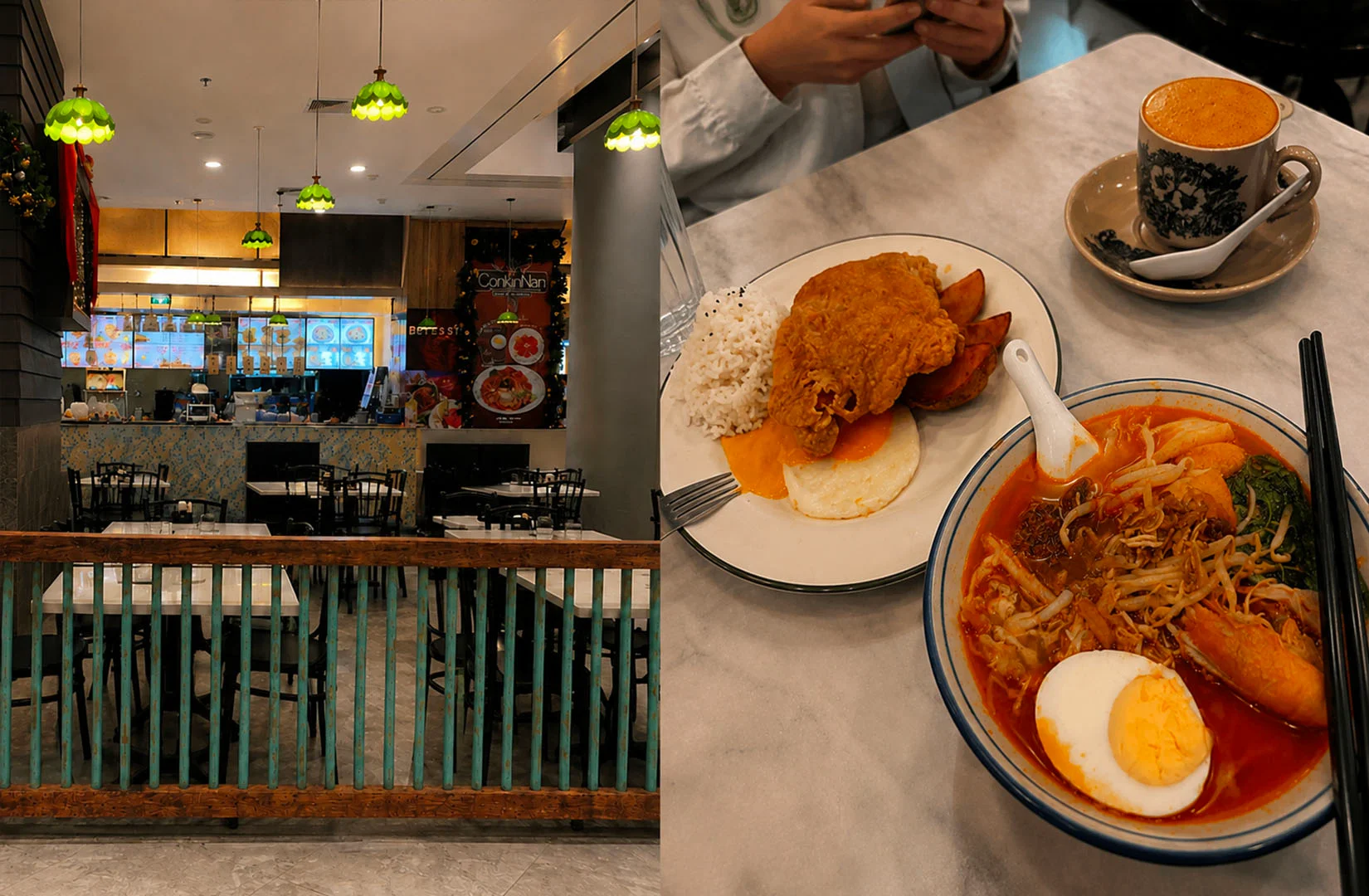 Casual Asian café featuring cozy dining space with laksa, crispy chicken rice, and a hot latte.