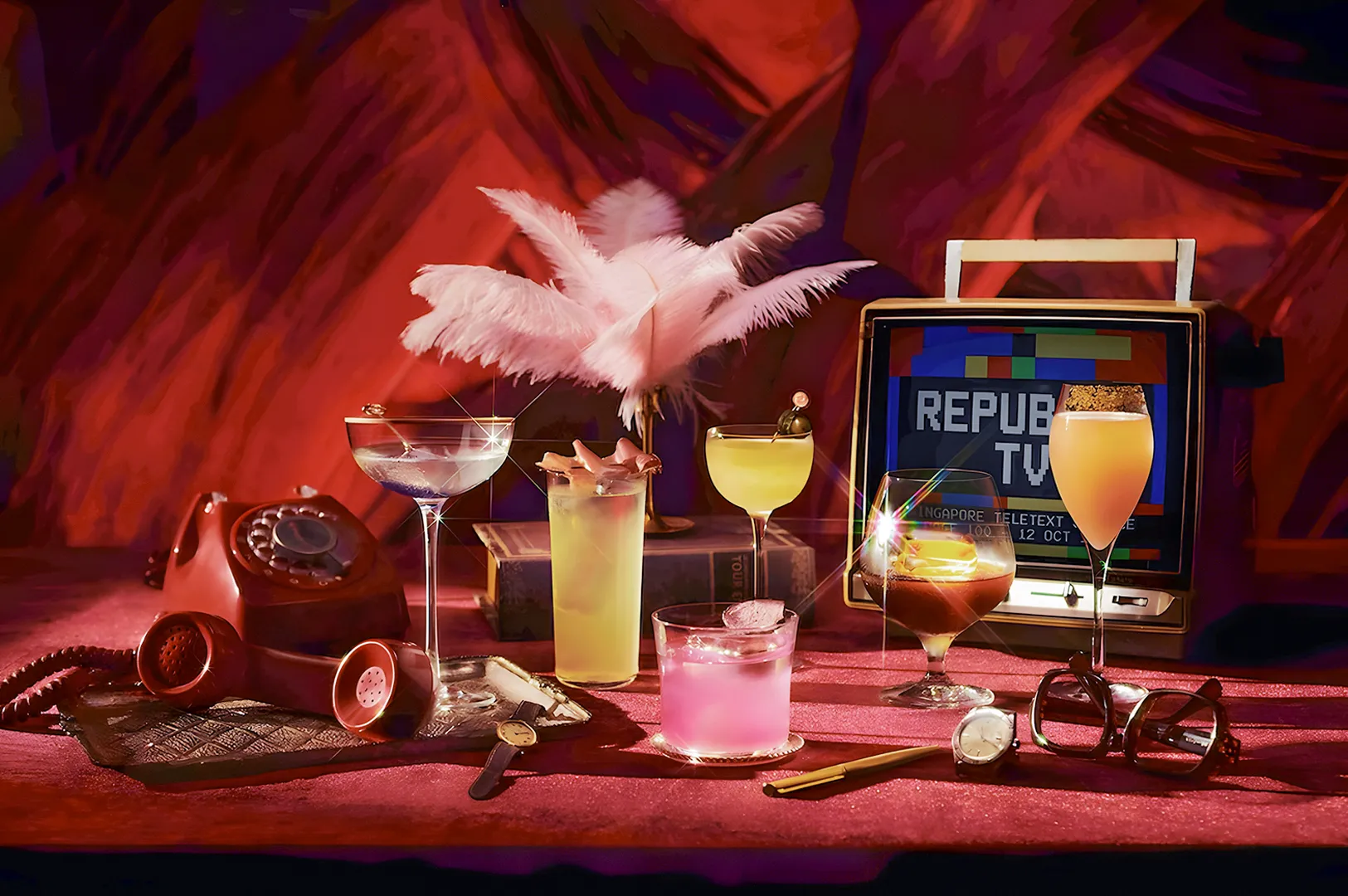 A retro scene with a red rotary phone, vintage TV, and cocktails on a table. Feather decor and sunglasses add to the vibrant, nostalgic ambiance.