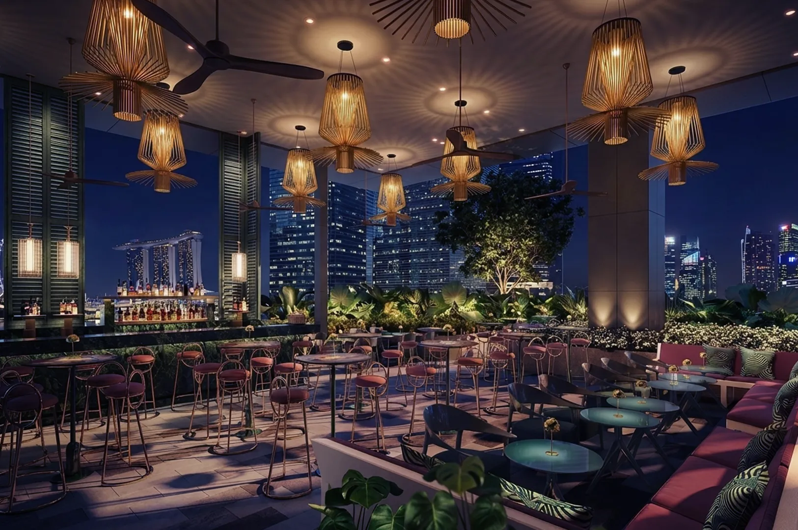 Stylish rooftop bar at night with warm lighting, wicker lamps, and city skyline. The seating is modern, surrounded by lush greenery, creating an inviting atmosphere.