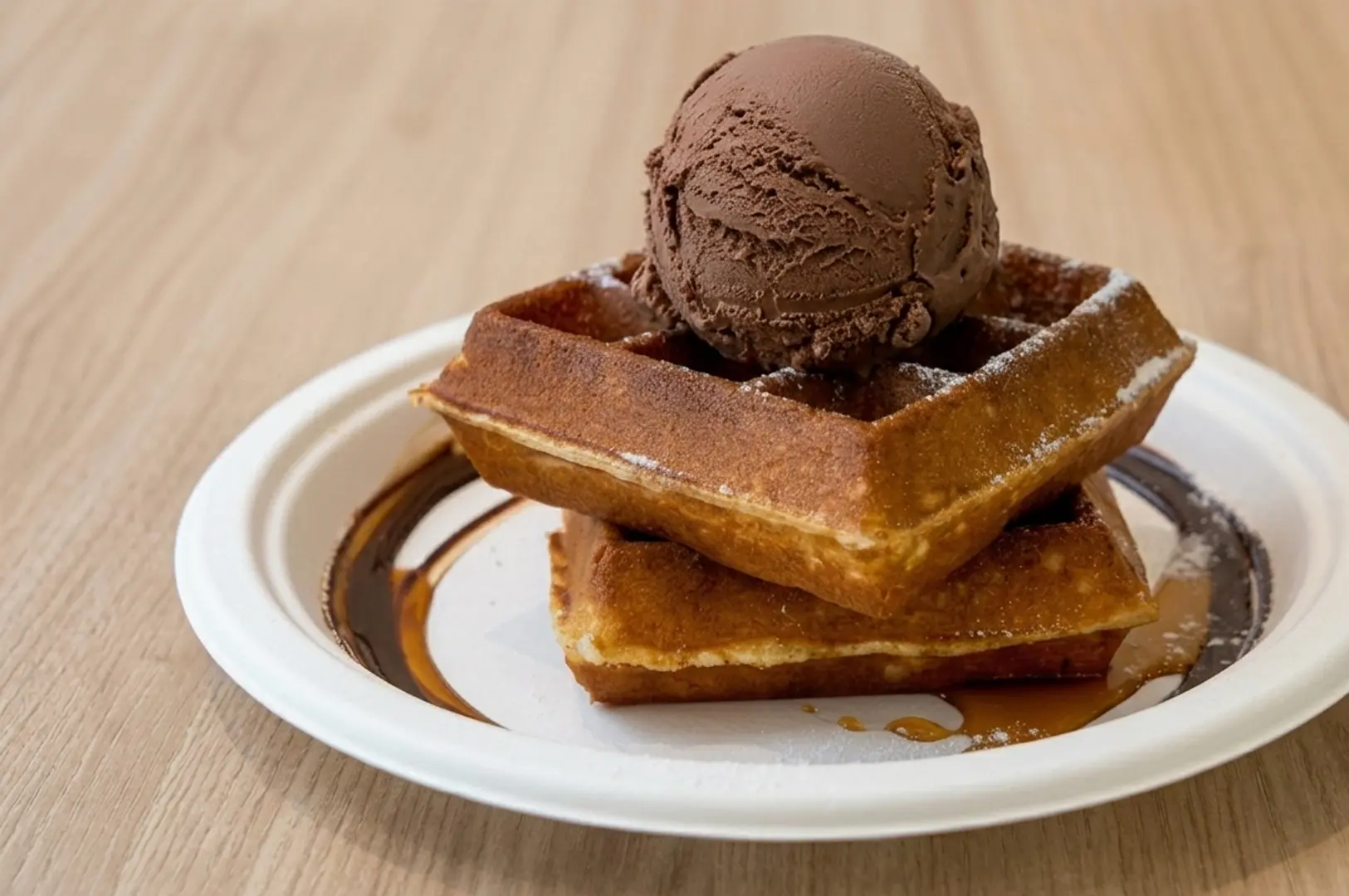 Stacked waffles topped with chocolate ice cream and sauce drizzle