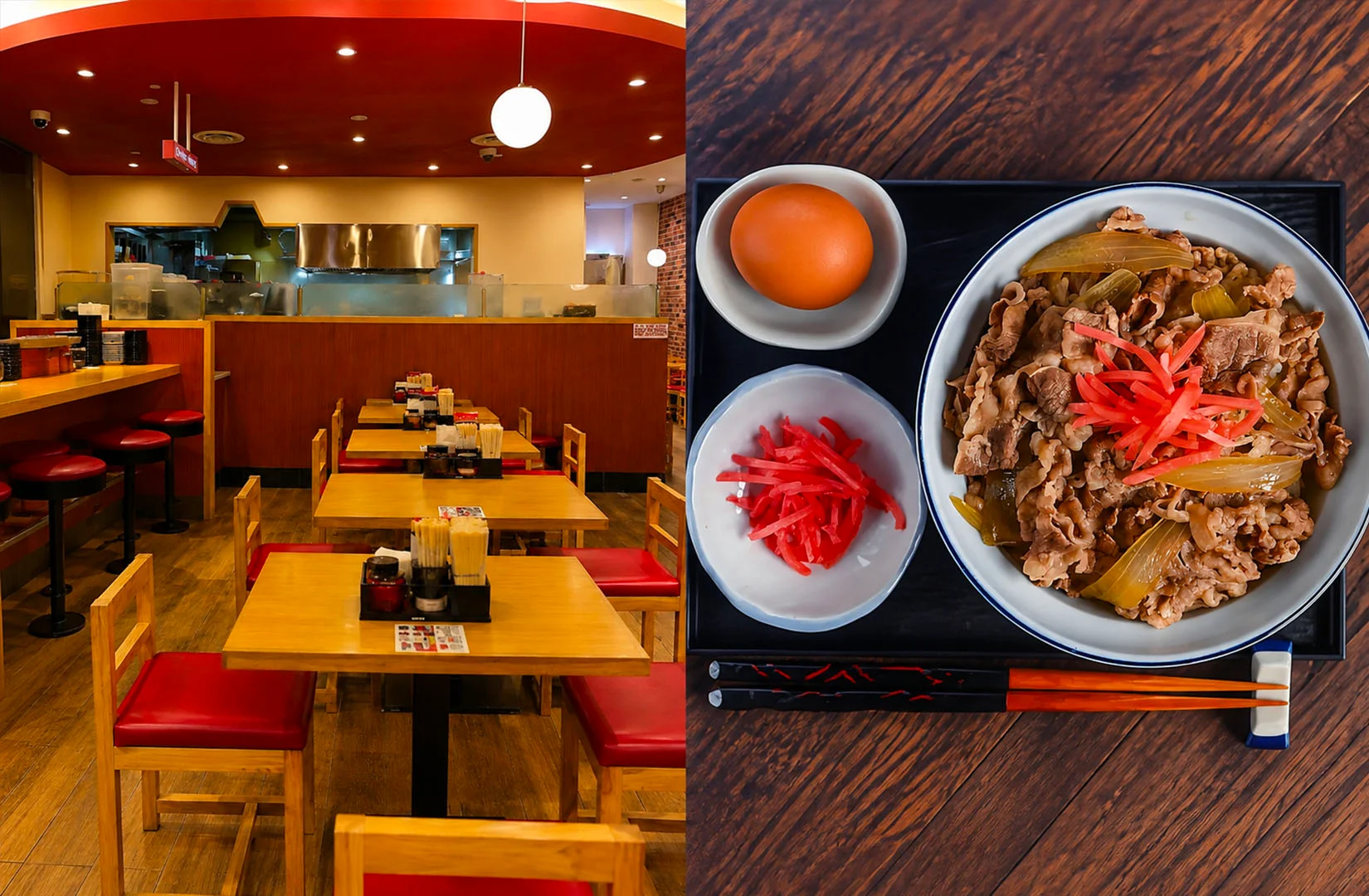 Bright Japanese restaurant with classic gyudon beef rice bowl, egg, and pickled ginger.