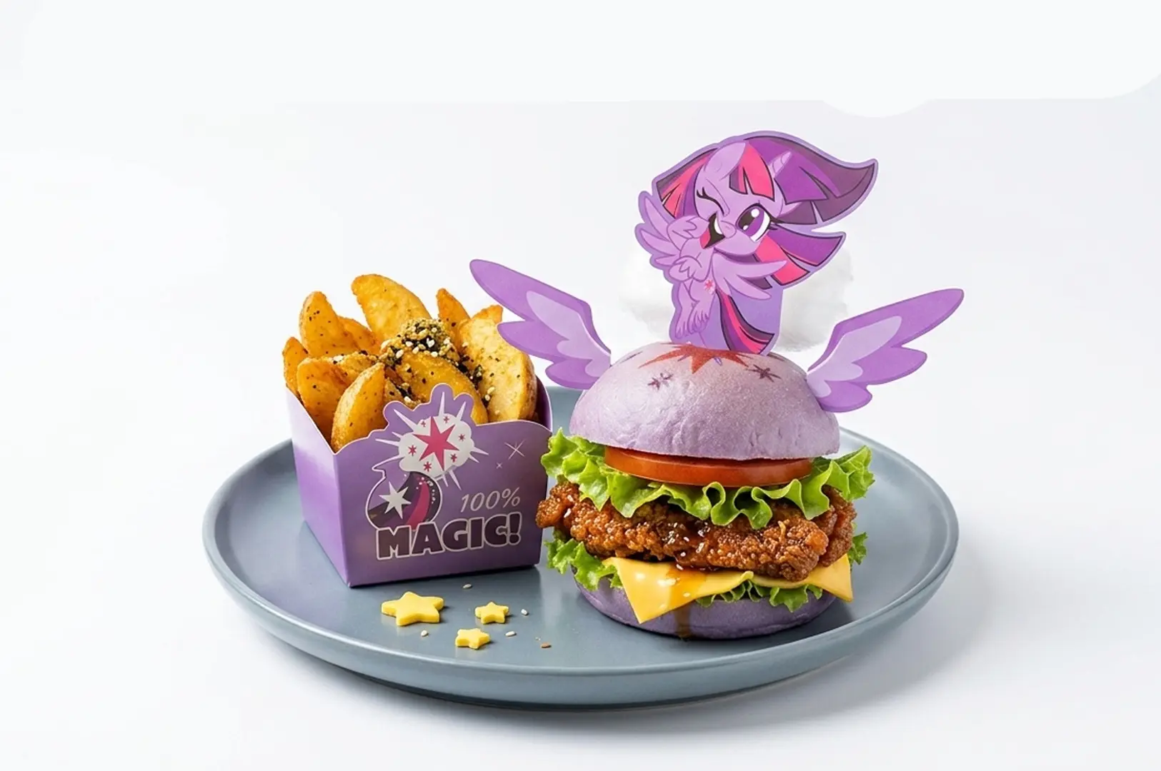 My Little Pony purple bun burger with Twilight Sparkle topper and wings, served with seasoned potato wedges.