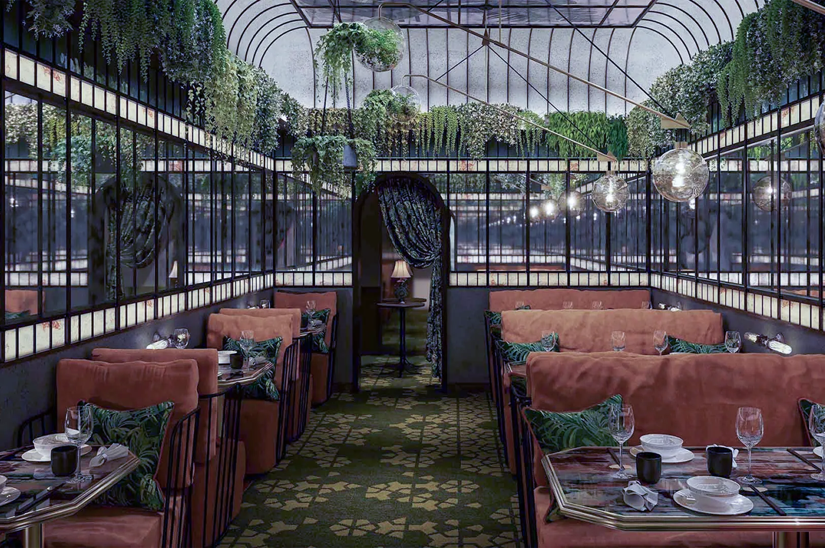 Elegant restaurant interior with an arched ceiling, hanging greenery, and soft lighting. Cozy booths with plush cushions create an inviting atmosphere.