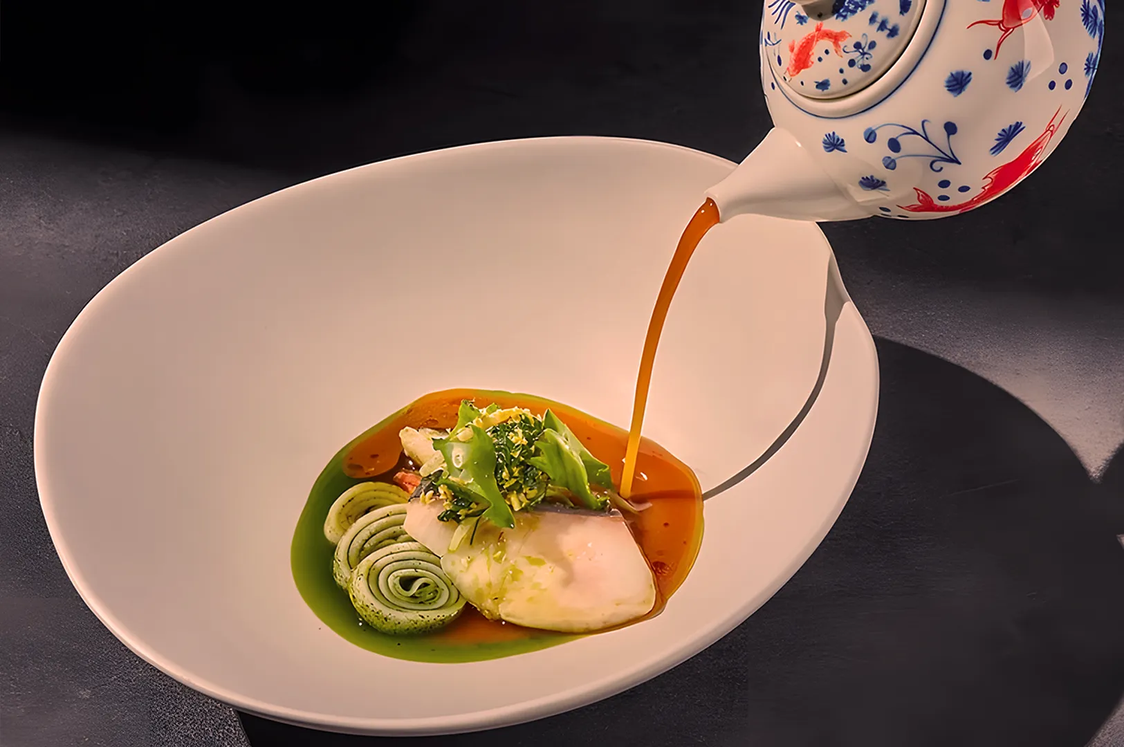 A decorative teapot pours reddish broth into a white bowl containing a delicately plated dish with fish, green sauce, and thinly sliced vegetables.