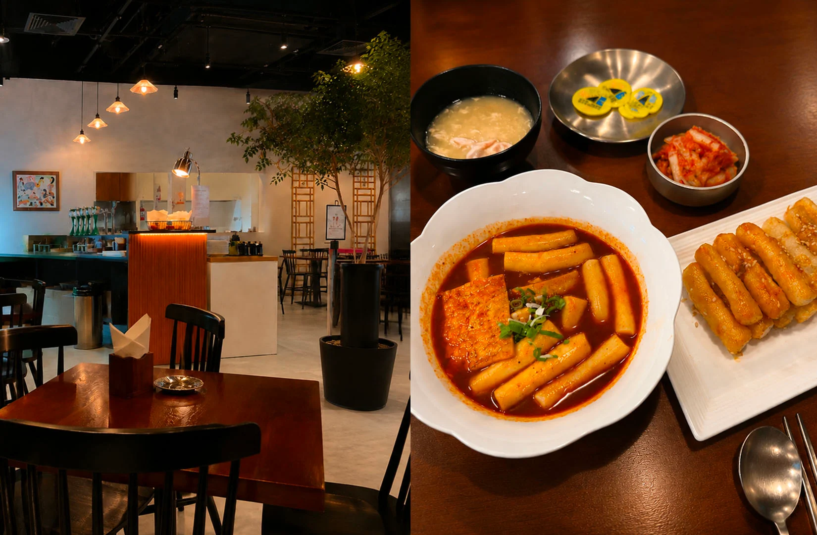 Contemporary Korean restaurant serving spicy tteokbokki, fried rice cakes, kimchi, and soup.