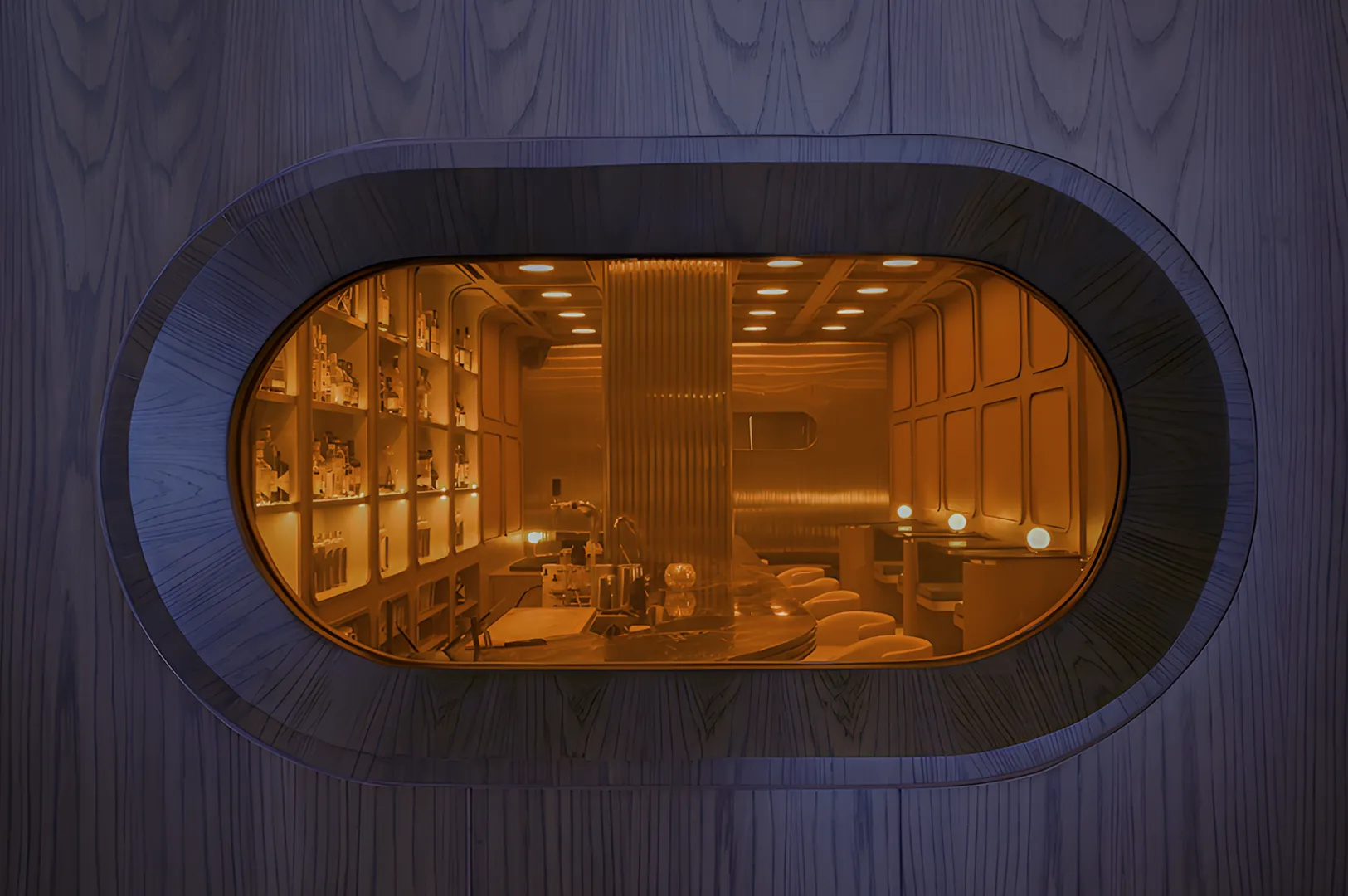 Oval window reveals sleek, modern bar with warm amber lighting, plush seating, and shelves of bottles, creating a cozy, futuristic atmosphere.