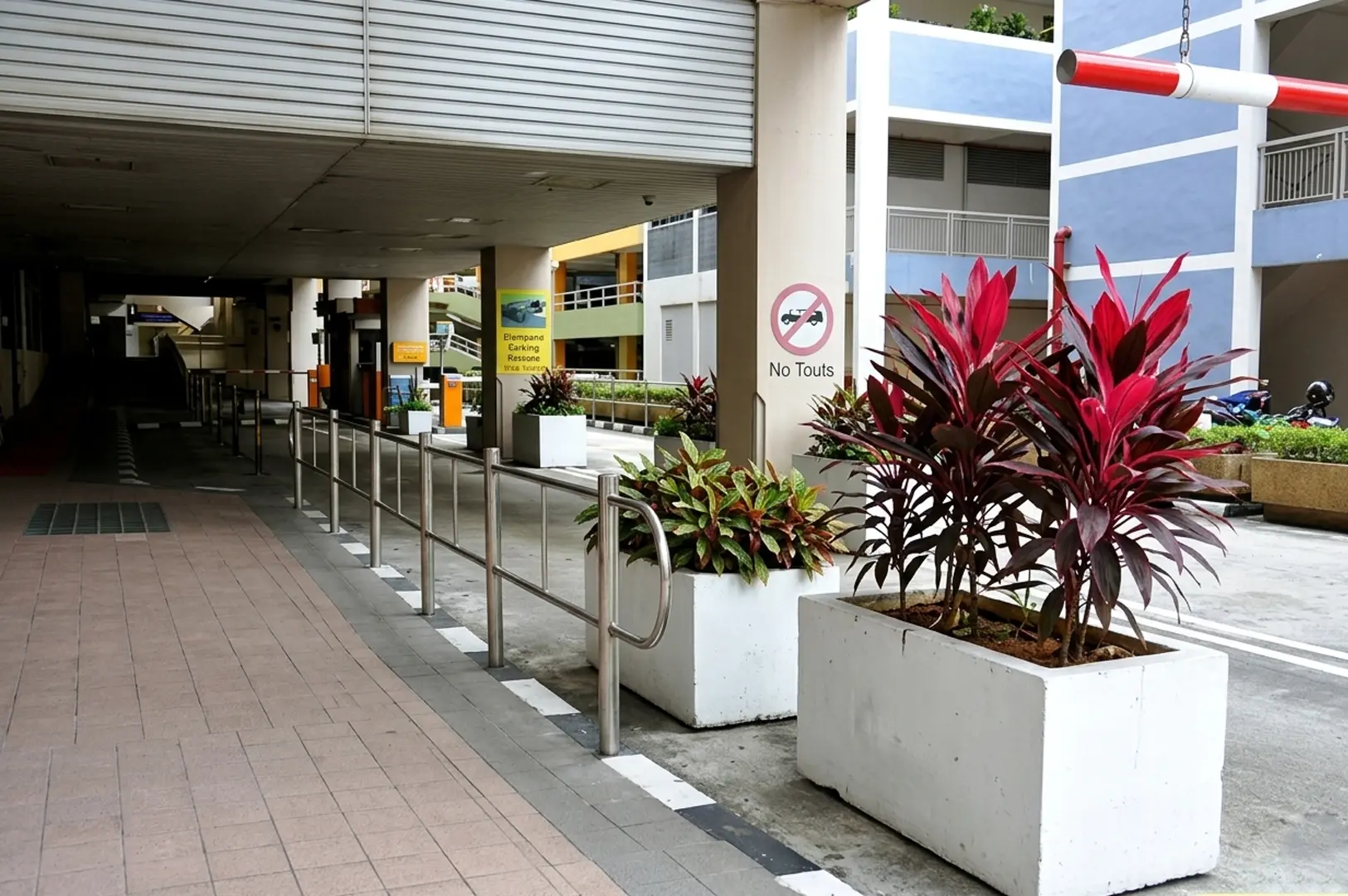 Covered walkway entrance to parking area with tropical plants, no touts sign, and directional signage near Chinatown