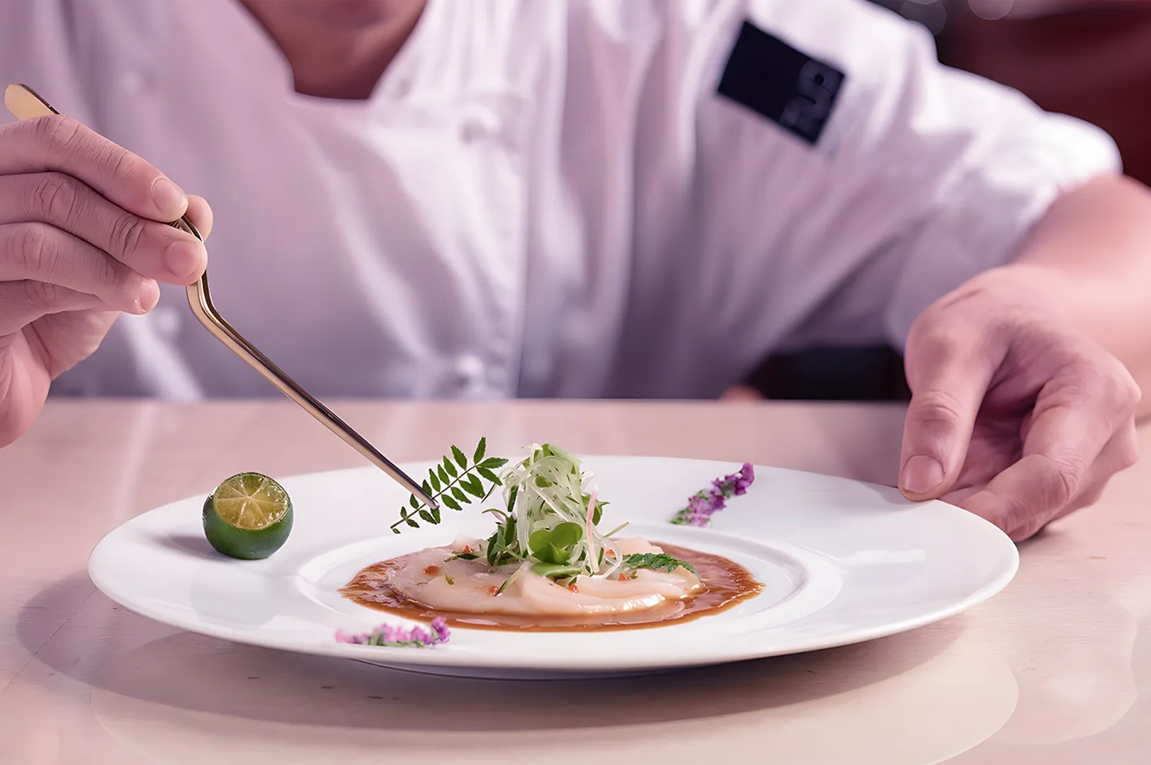 A chef garnishes a plated dish with herbs, using a gold spoon. The elegant presentation includes a small lime and purple flowers, conveying culinary artistry.
