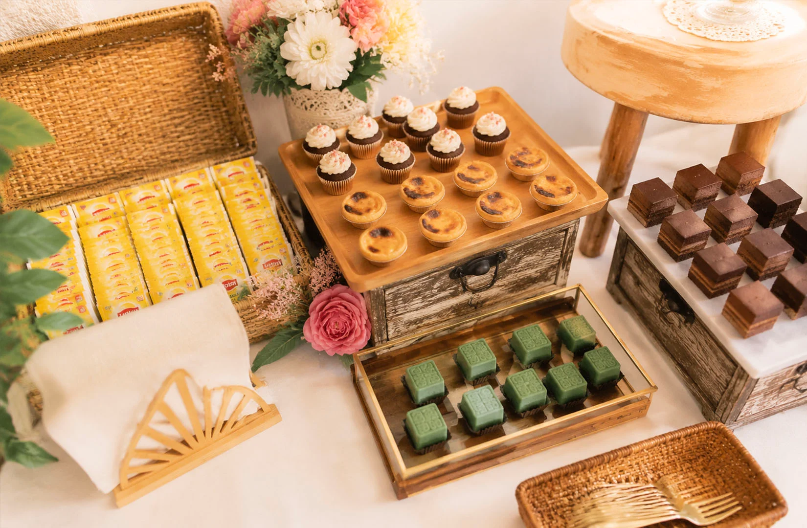 Dessert display with pastries and colorful sweet treats