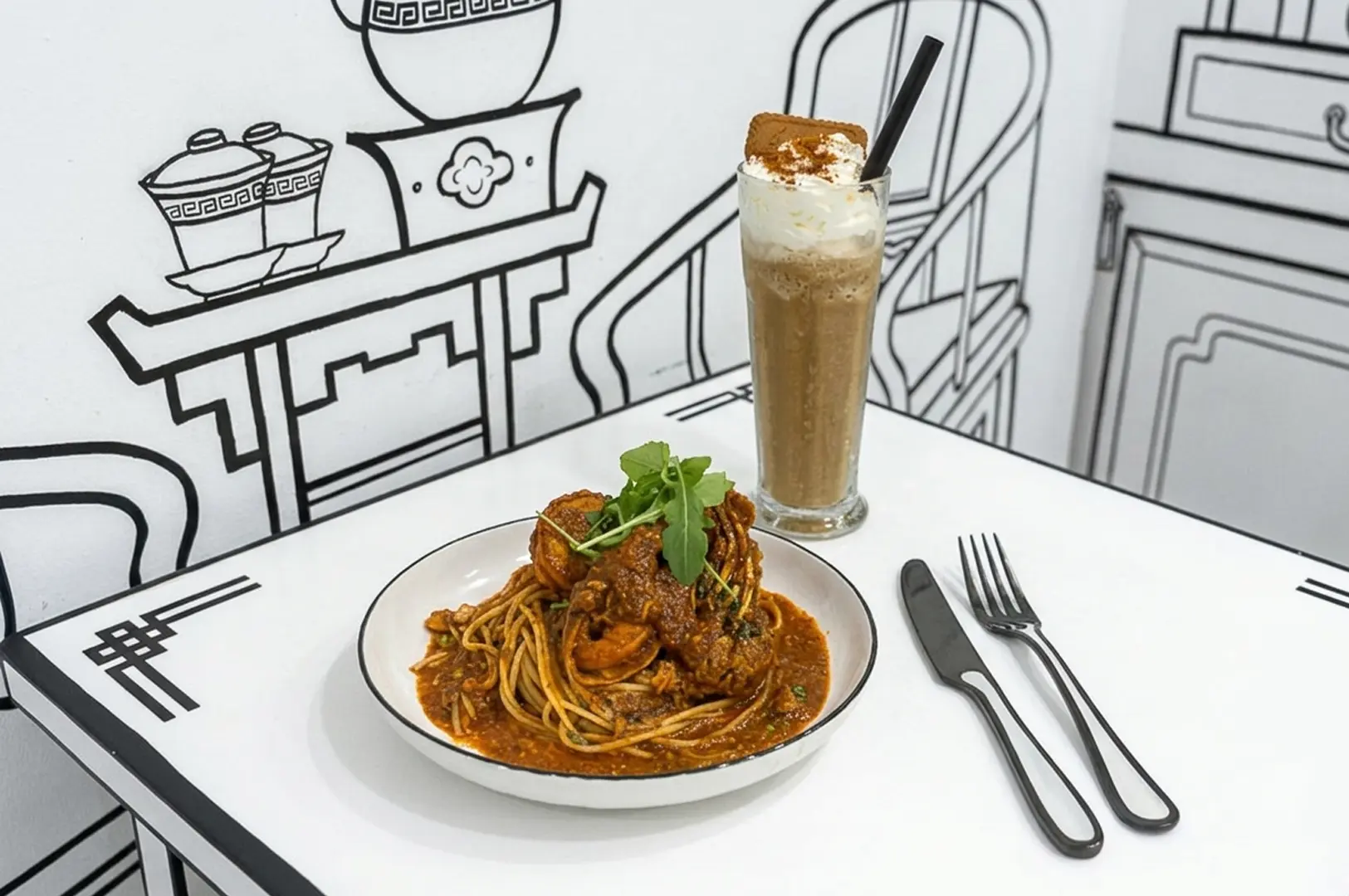 Pasta dish with meat sauce and iced coffee on white table with black 2D line-drawn chairs and furniture in background