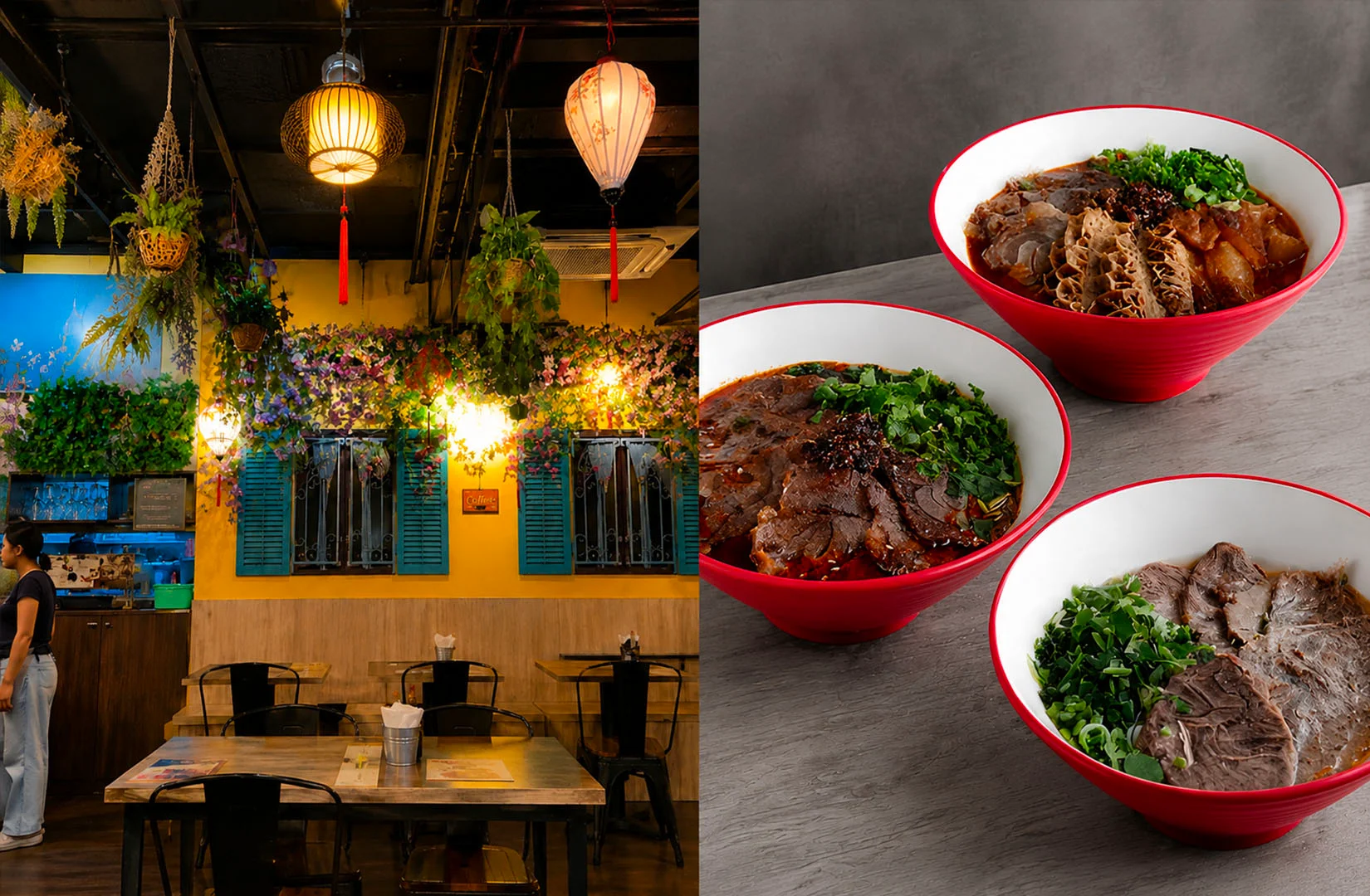 Vibrant Chinese-style restaurant decorated with hanging plants, serving flavorful beef noodle bowls.