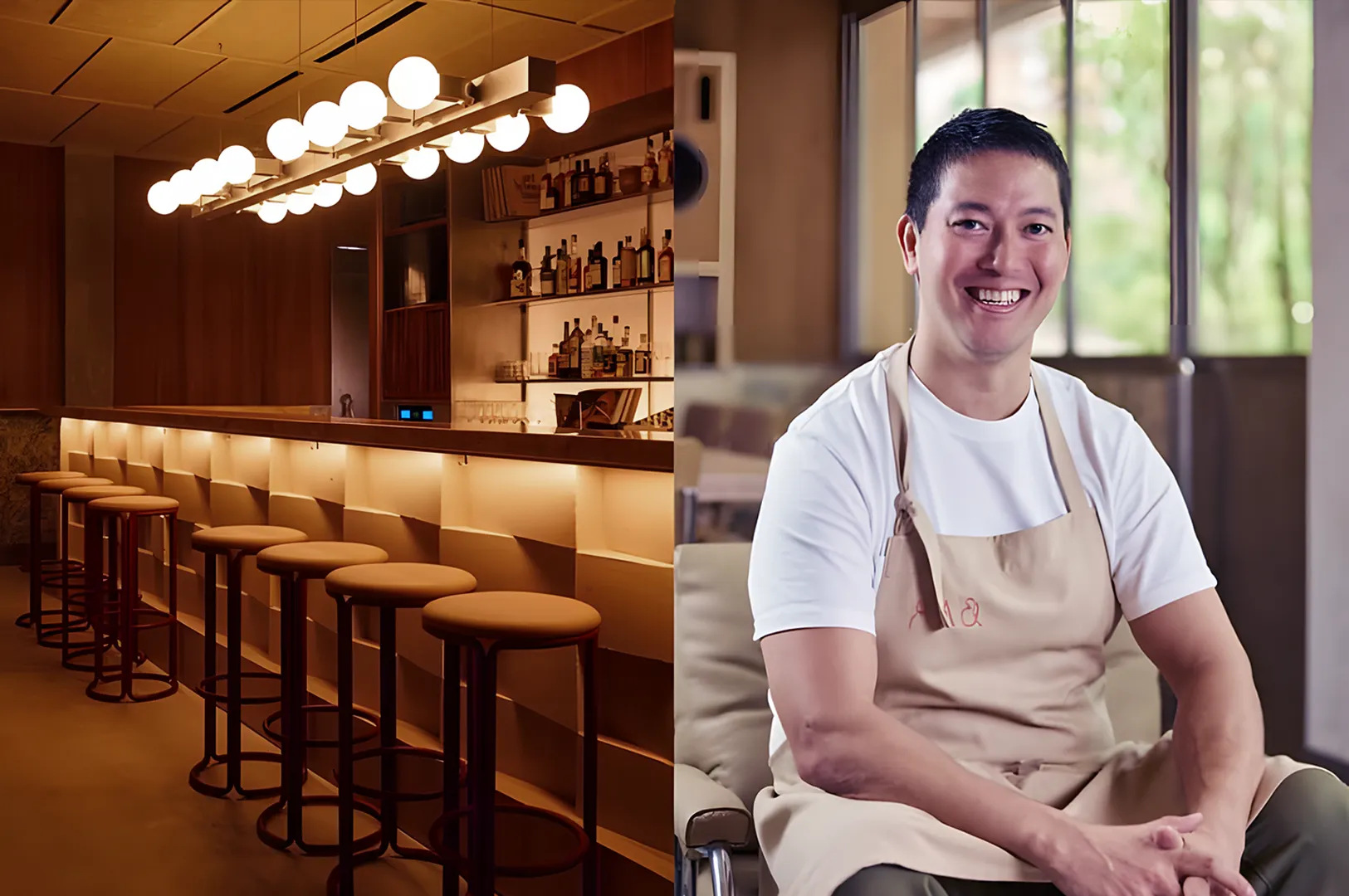 Modern bar interior with warm lighting, wooden stools, and a stocked shelf. Beside it, a smiling person in a white shirt and beige apron. Cozy atmosphere.