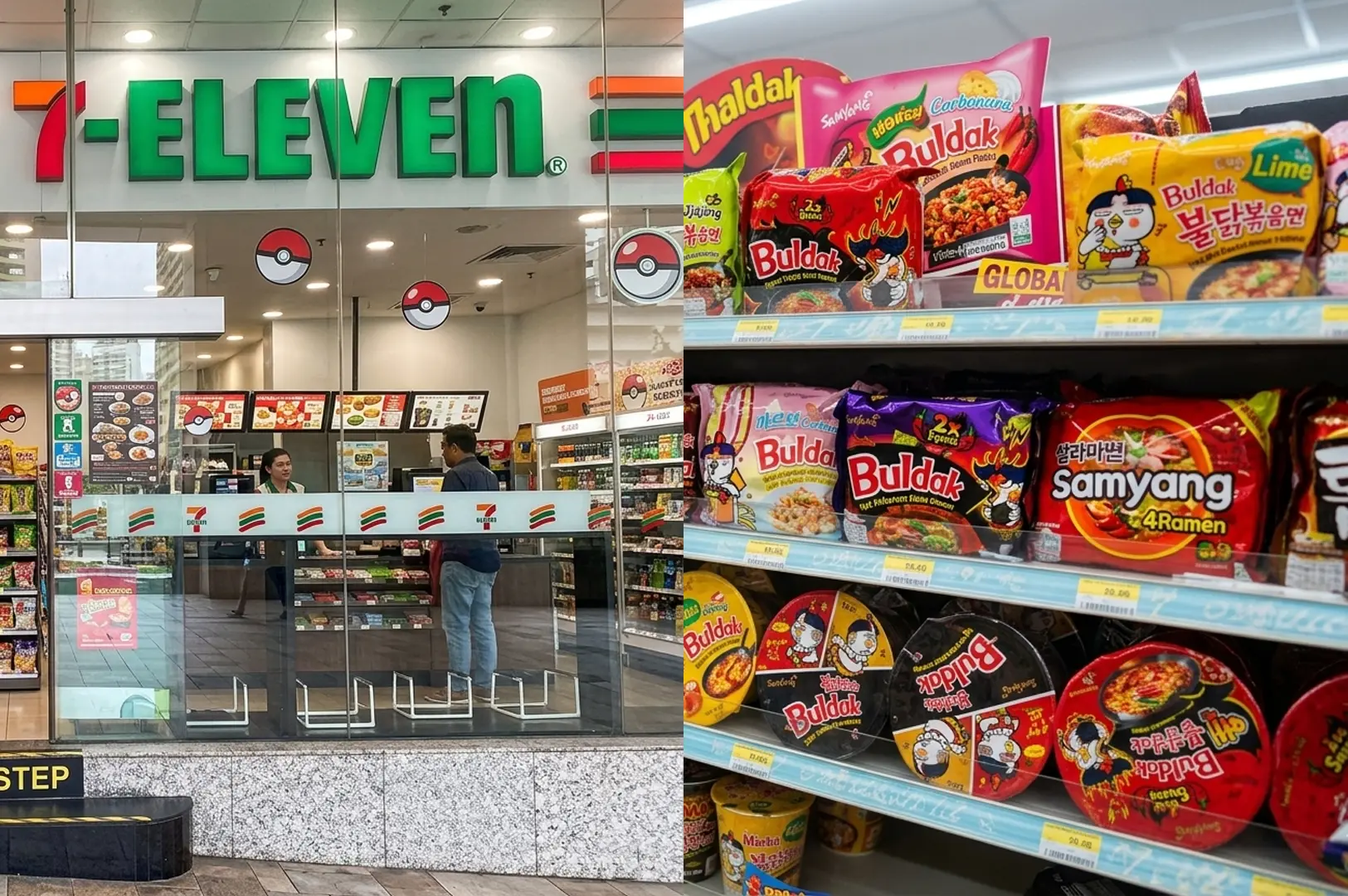 7-Eleven Singapore storefront with Pokemon decorations and store shelves displaying various Buldak Samyang spicy noodle products