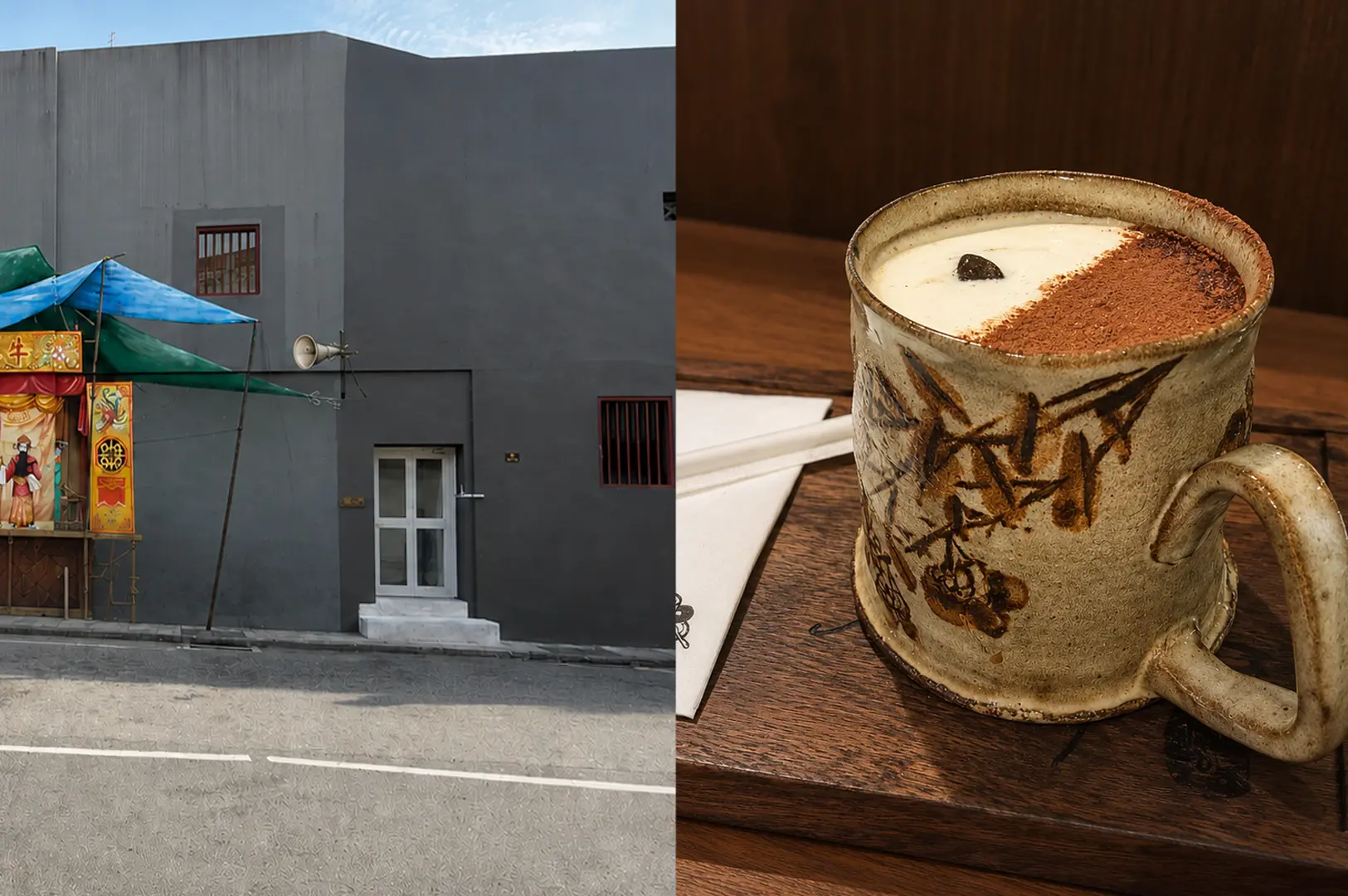 Split image showing MOZmoji cafe exterior with grey modern building and colorful street decorations on left, and a rustic ceramic mug with tiramisu latte topped with cocoa powder on wooden table on right