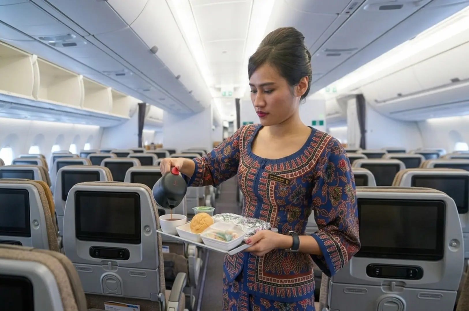 Singapore Airlines flight attendant in blue kebaya serving meal tray in aircraft cabin