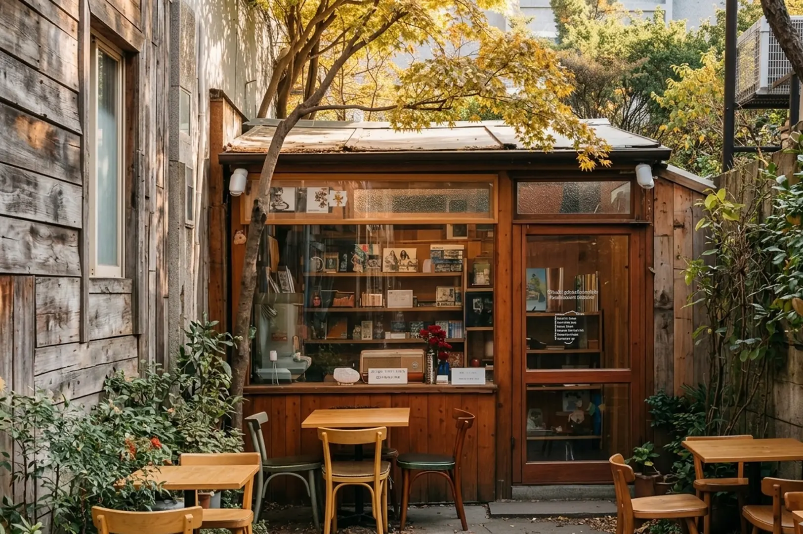 Small wooden cafe with outdoor seating under autumn tree.