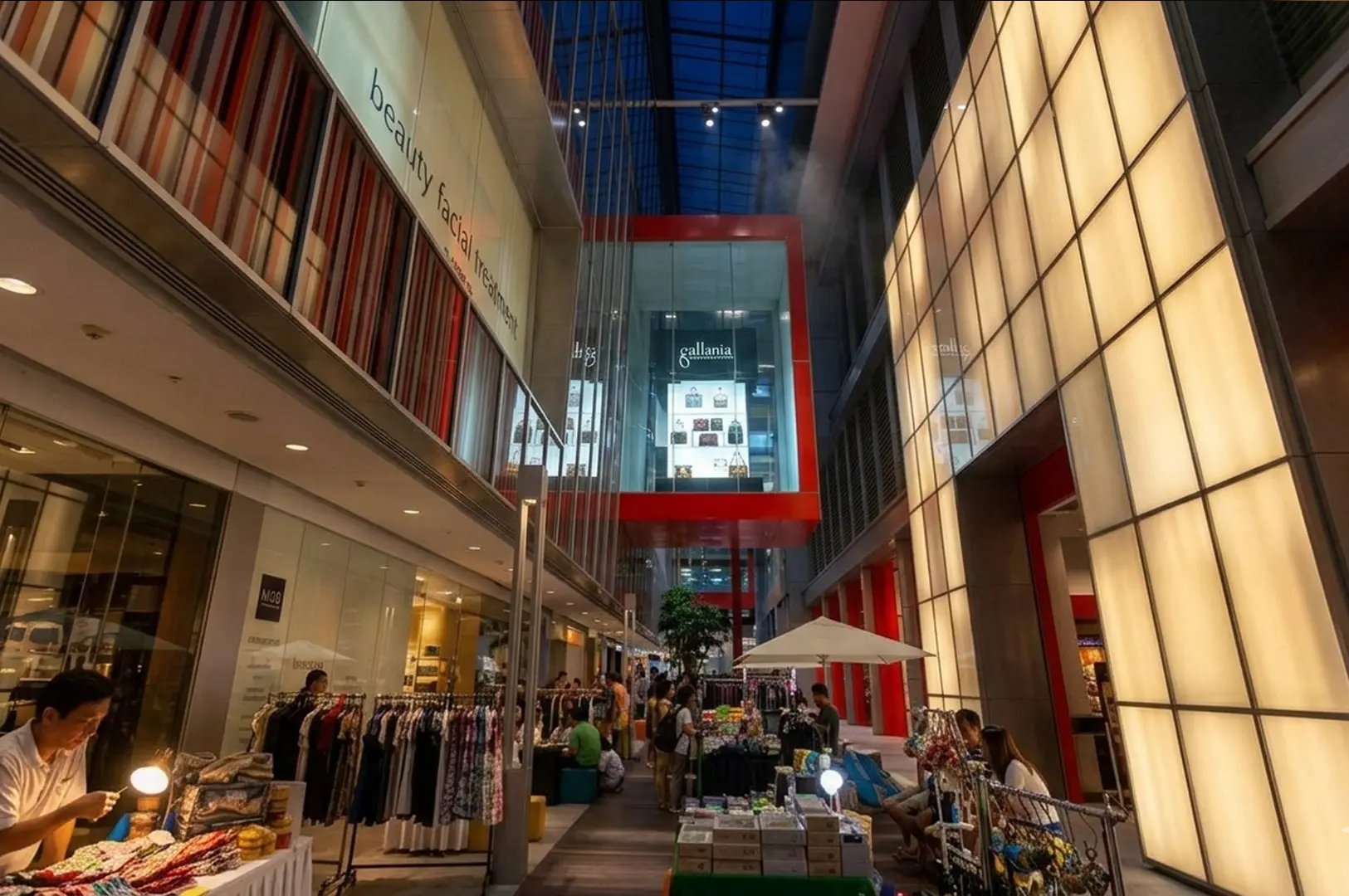 Modern interior atrium of Orchard Plaza shopping mall with Gallania store, clothing stalls, and vendors