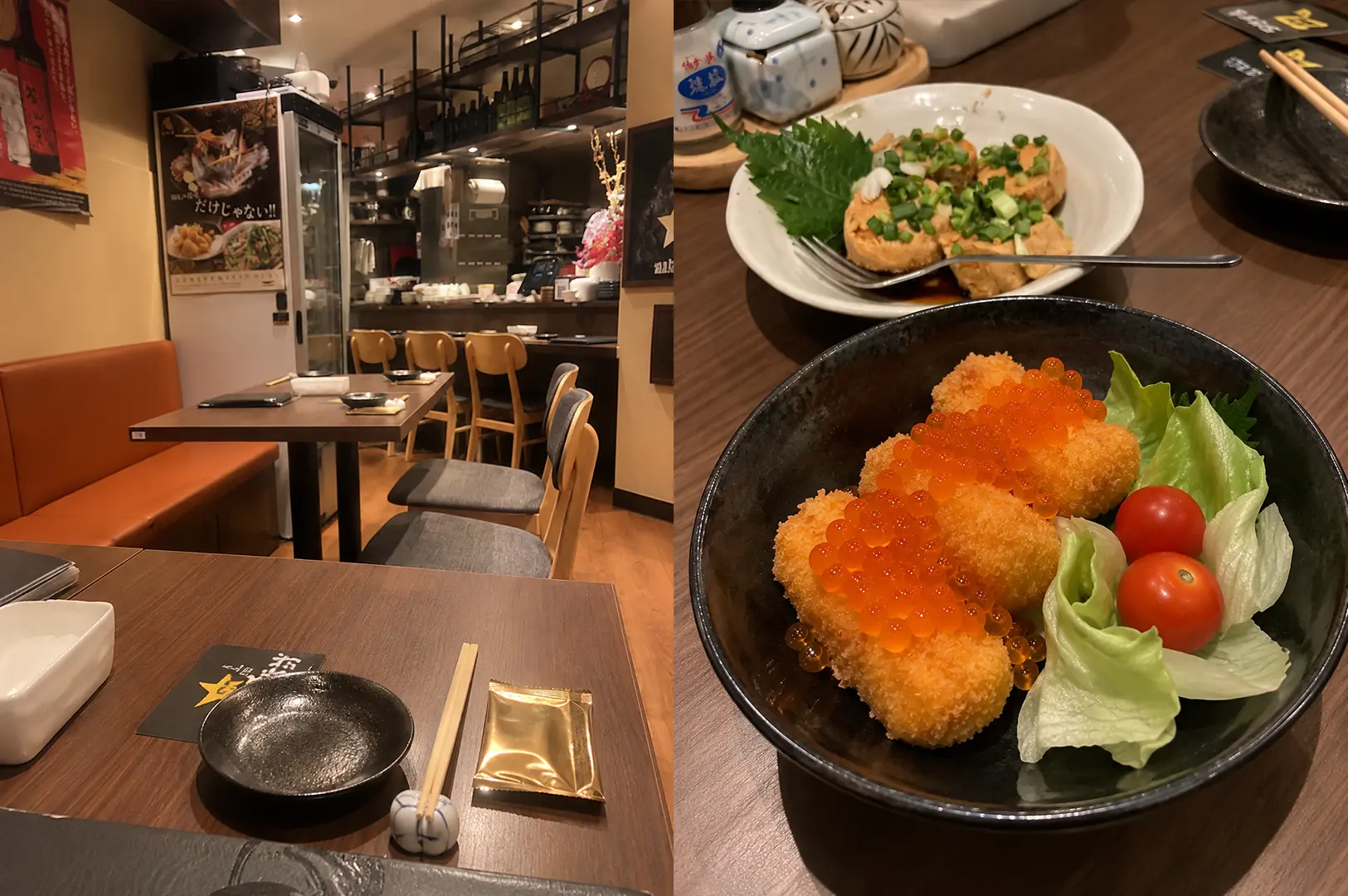 MOMOYA restaurant interior with counter seating and a bowl of crispy fried dishes topped with bright orange ikura.