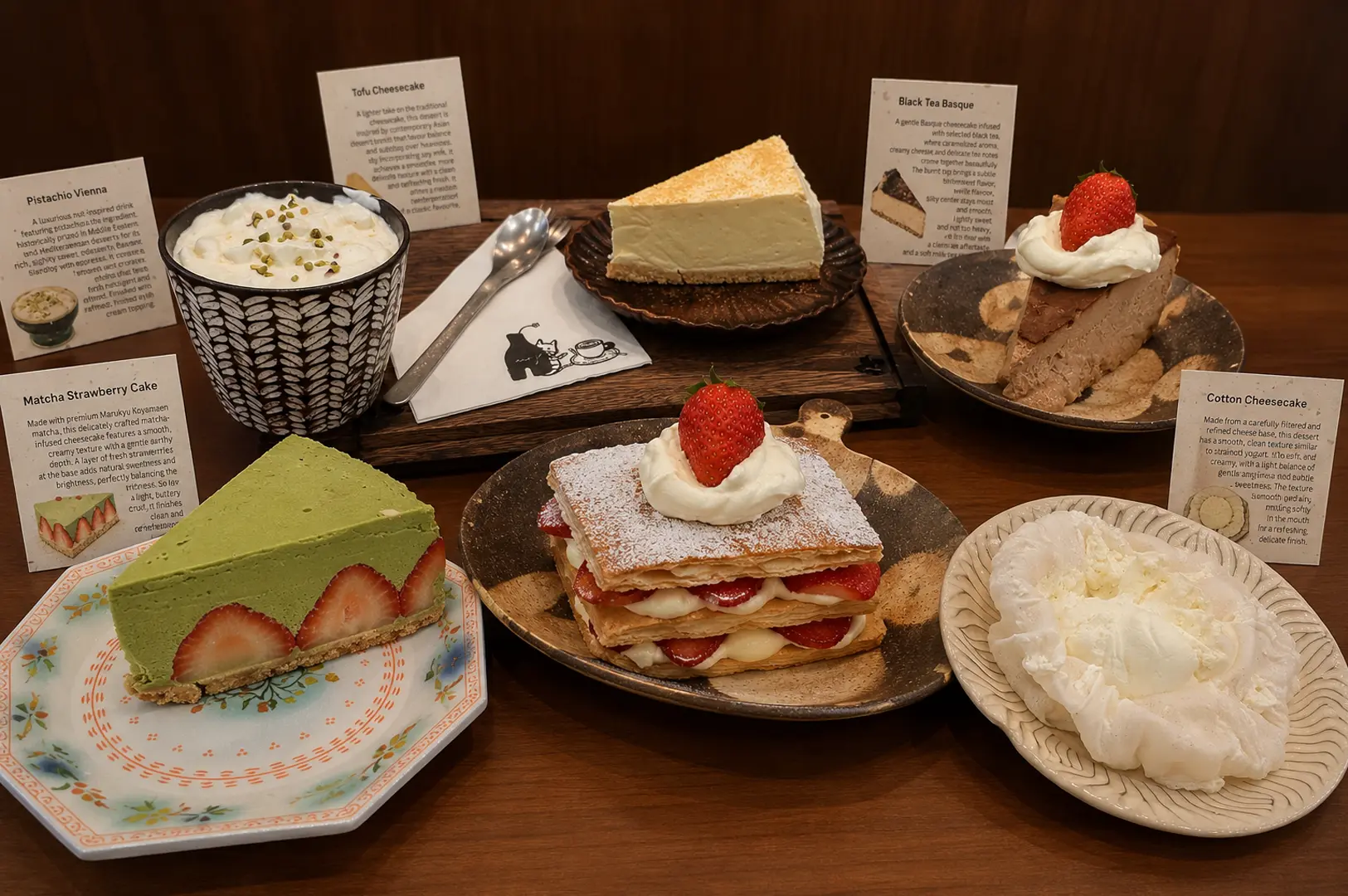 Assorted dessert spread at MOZmoji cafe featuring matcha strawberry cake, strawberry mille-feuille, tofu cheesecake, black tea basque, cotton cheesecake, and pistachio vienna with description cards