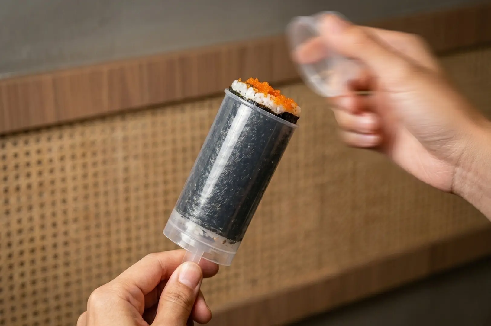 Hands holding a clear cylindrical push-pop container with sushi rice, nori seaweed, and orange tobiko fish roe on top, ready to be pushed up and eaten