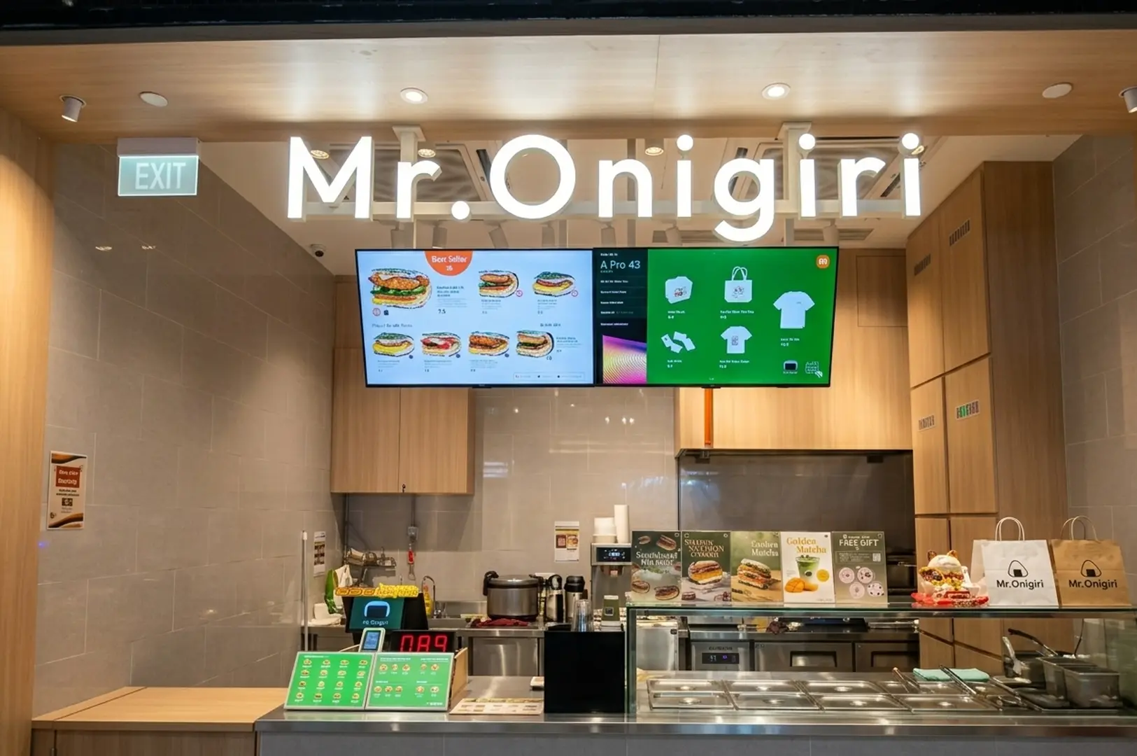Mr. Onigiri restaurant storefront with illuminated signage and digital menu boards displaying onigiri sandwiches