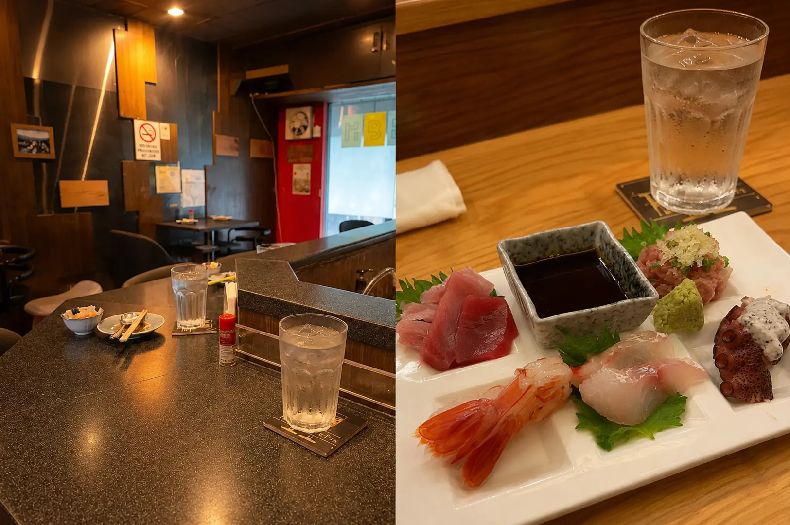 Bistro Du Le Pin dining area with warm wood interiors and a plate of assorted sashimi served with dipping sauce.