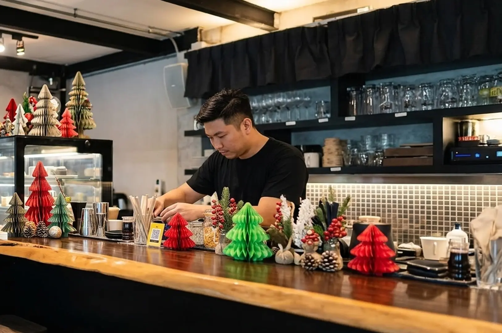 Bartender preparing drinks behind a wooden counter adorned with colorful paper Christmas tree decorations