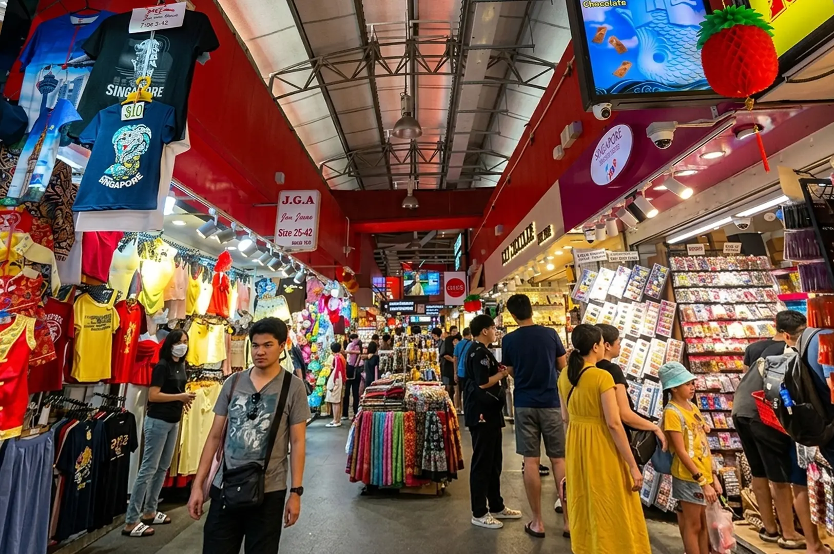 Busy indoor market with clothing stalls, souvenirs, and tourists shopping