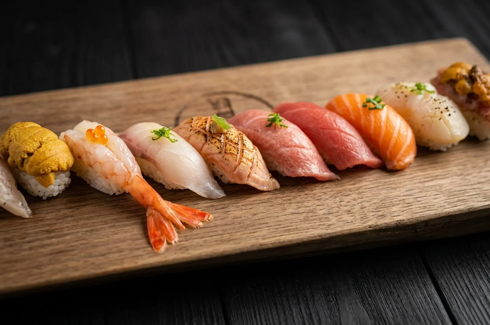 Wooden board displaying a row of assorted nigiri sushi featuring uni, shrimp, white fish, tuna, and salmon