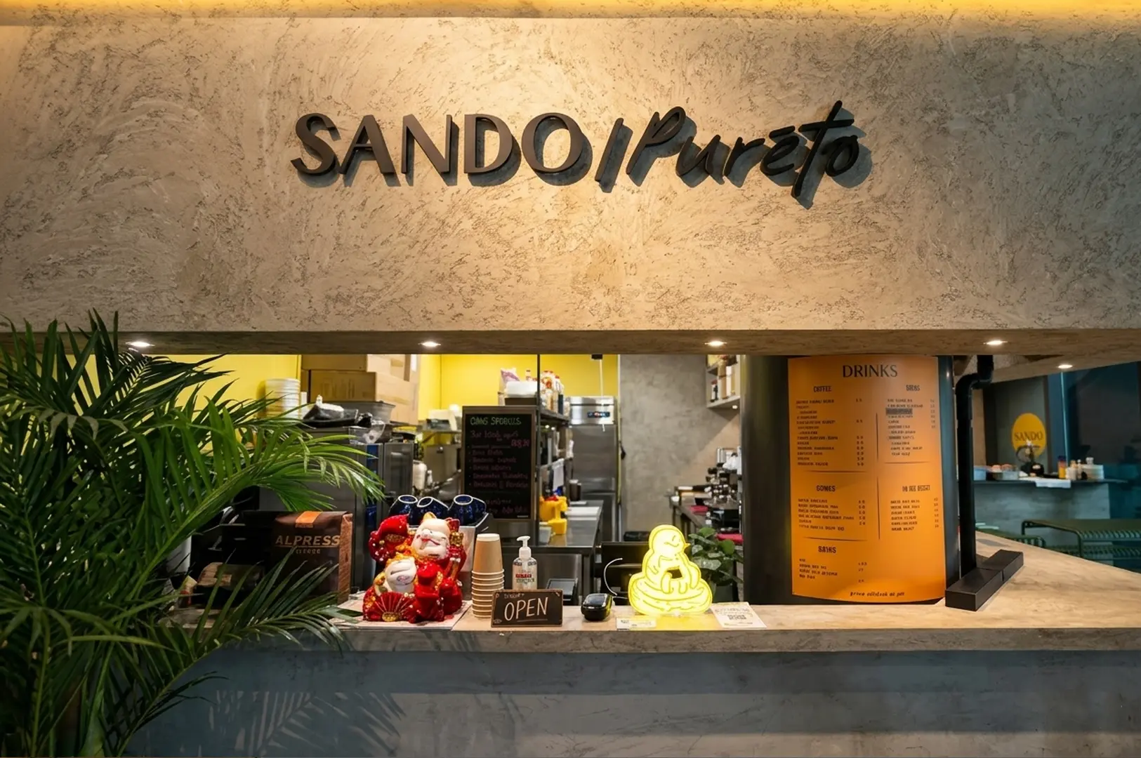 Sando/Pureto restaurant entrance with modern concrete signage and lucky cat figurines at the counter