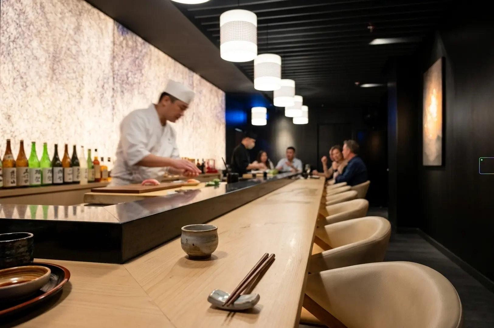 Long wooden sushi counter with a chef working in the background and diners seated along the bar under pendant lights